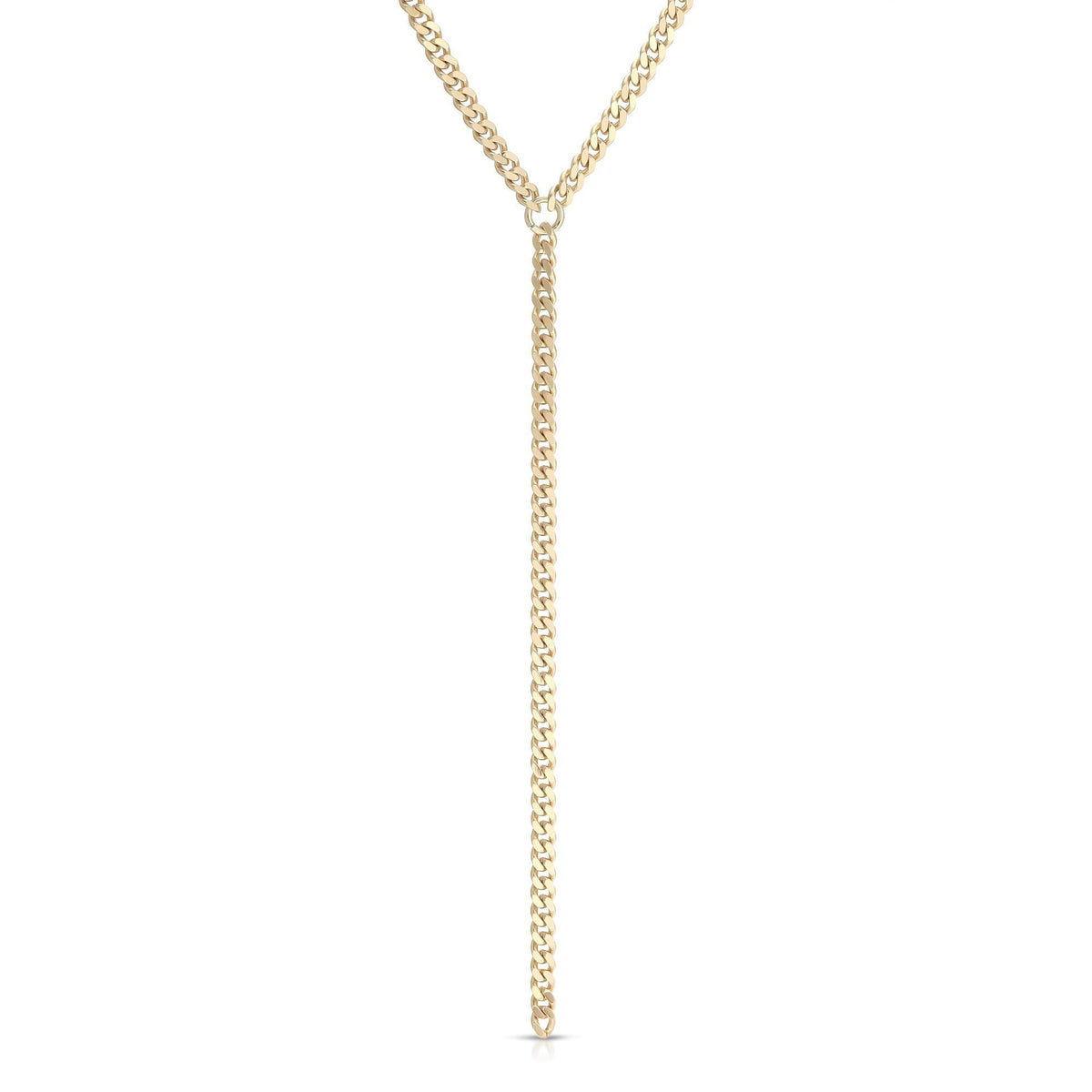 Gold Y-shaped chain necklace from Micro Link Curb Chain Lariat collection