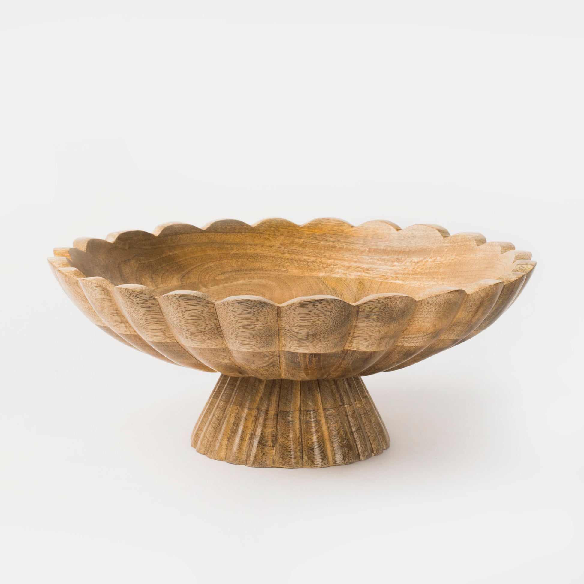 Natural mango wood fluted pedestal bowl with scalloped edges