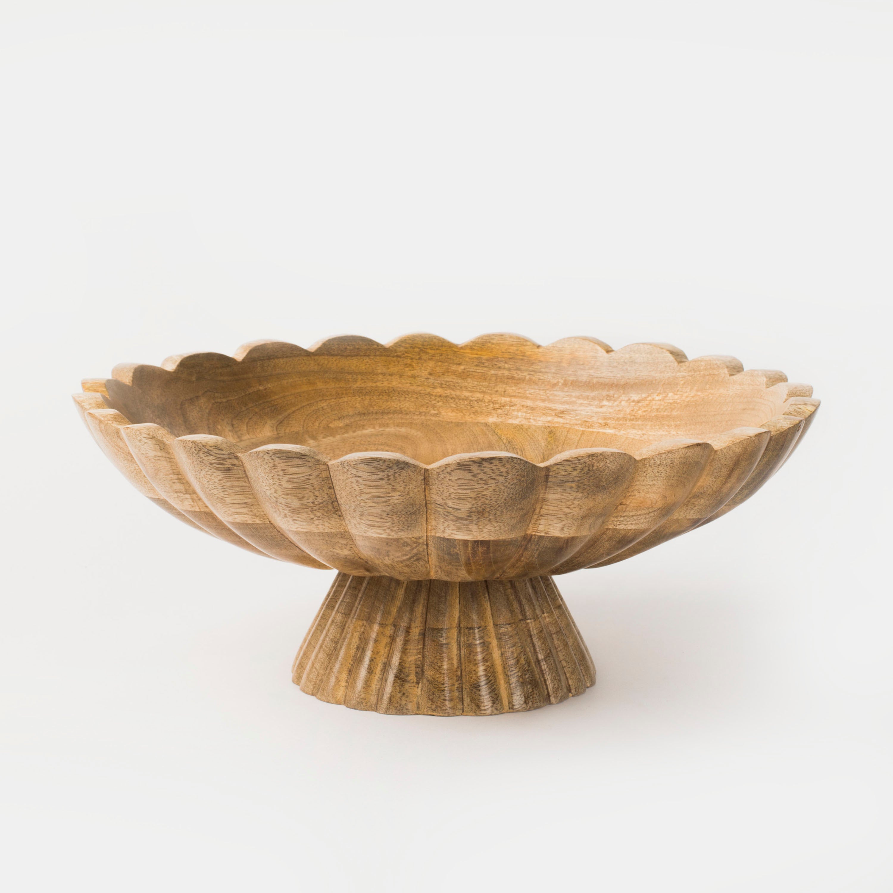Natural mango wood fluted pedestal bowl with scalloped edges