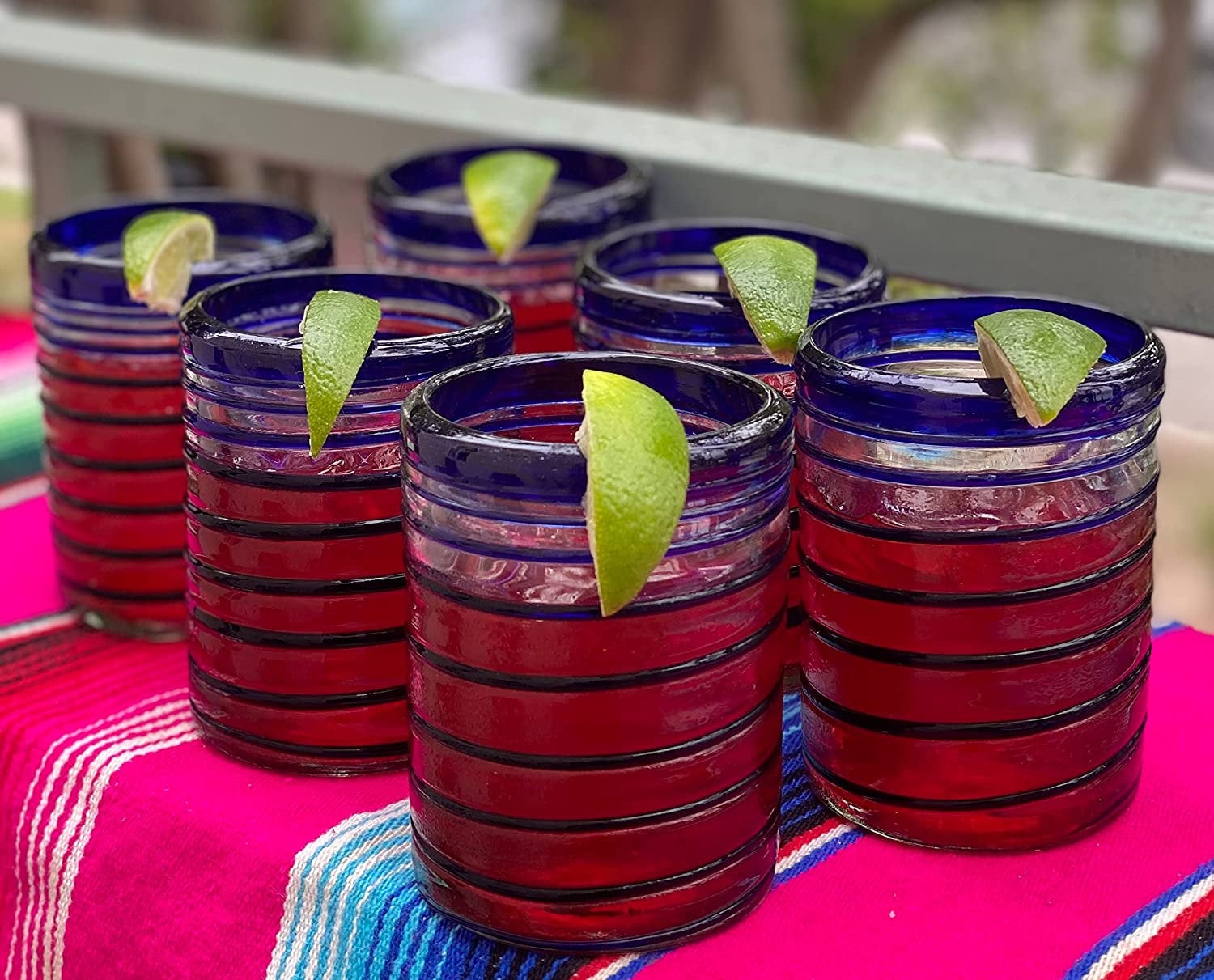 Hand Blown Mexican Drinking Glasses – Set of 6 Tumbler Glasses with Blue Spiral Design (10 oz each) - Dos Sueños