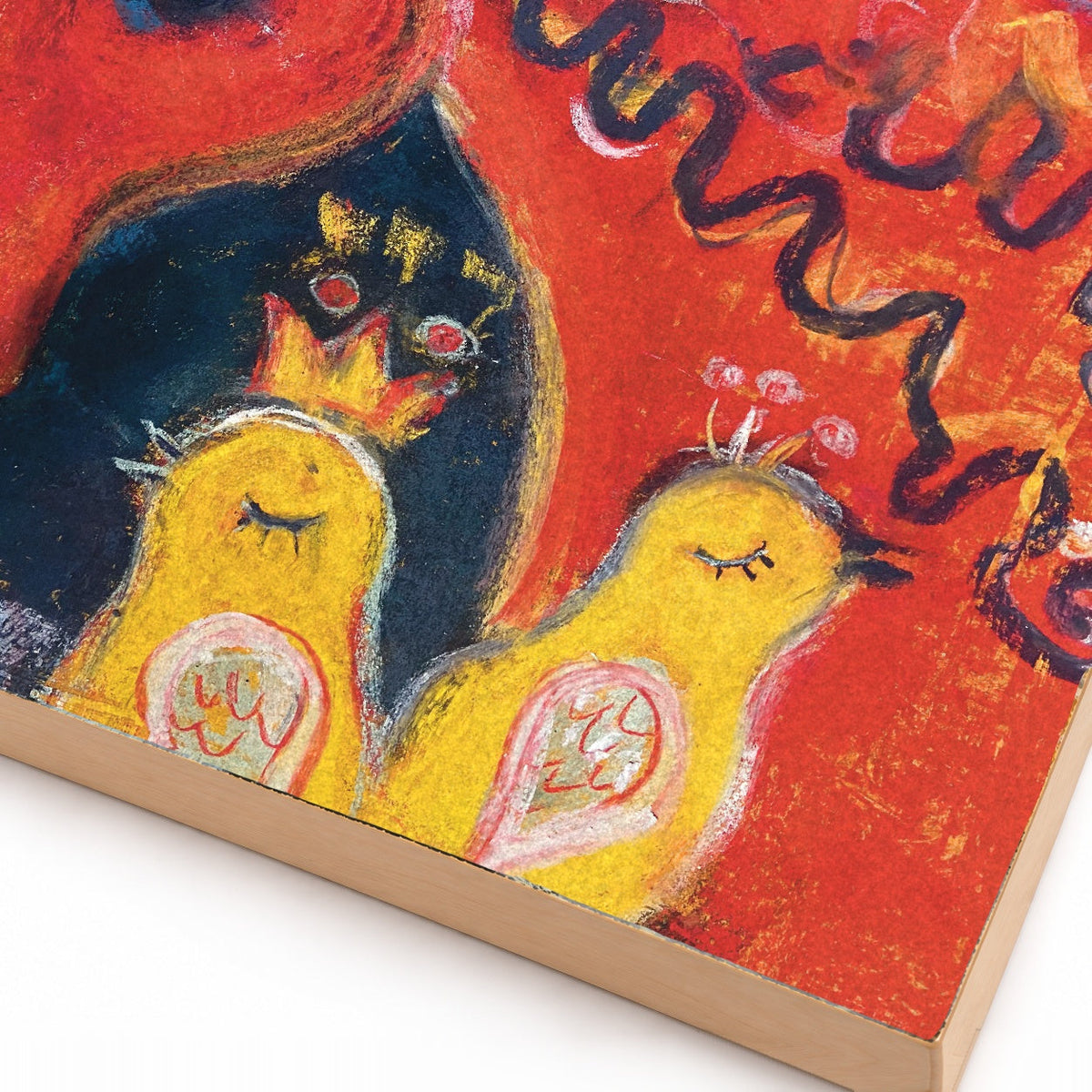 Horse and birds folk art print, close-up detail of print and wood edge