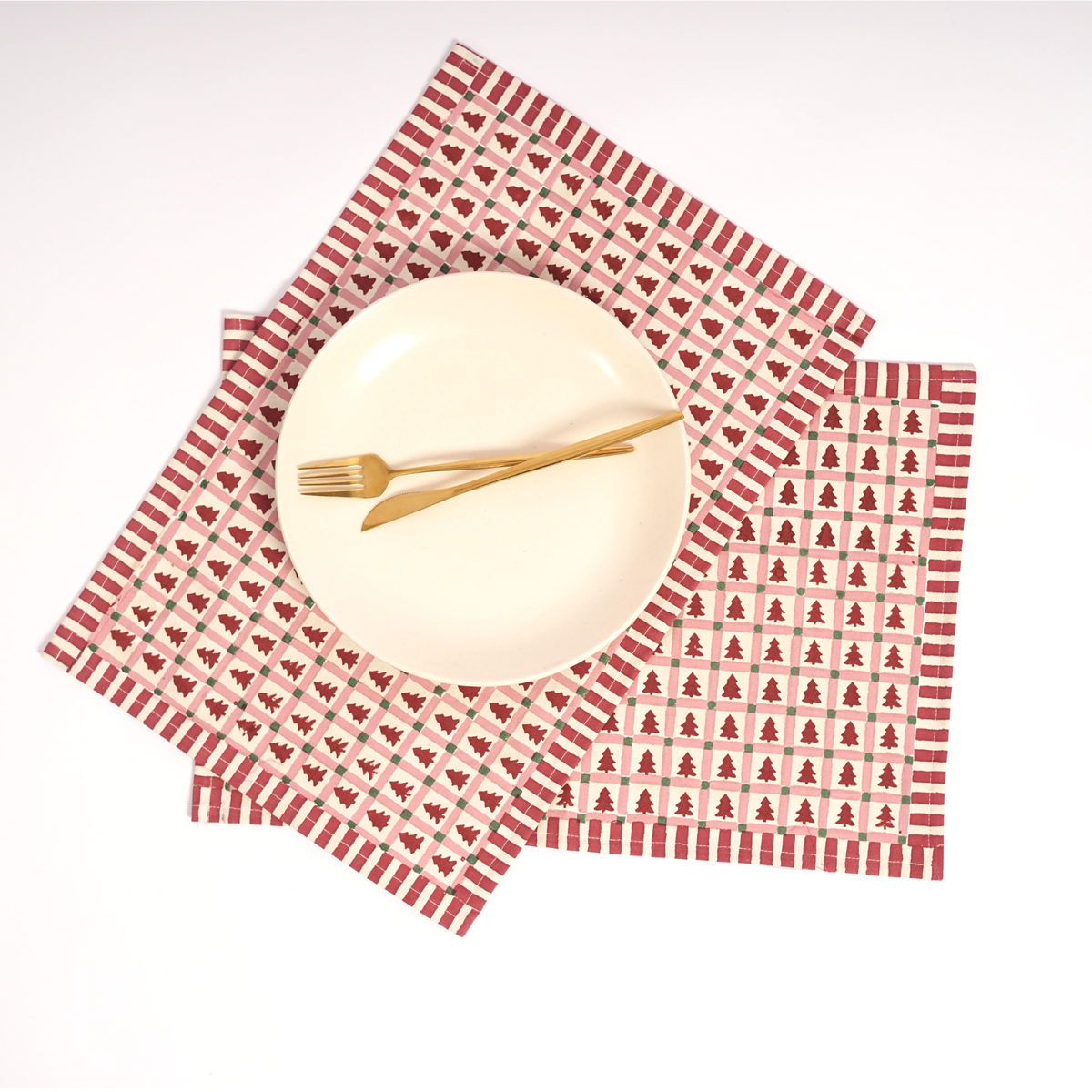 Merry Conifers -  Hand Block-Printed Cotton Placemats Set of 4, Red