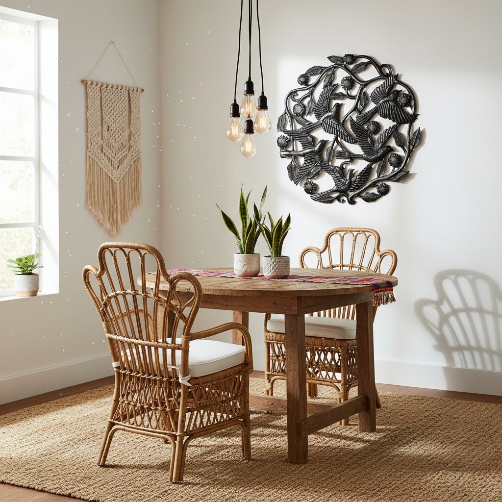 Birds in Flock Haitian metal art displayed in a bohemian dining room with rattan chairs