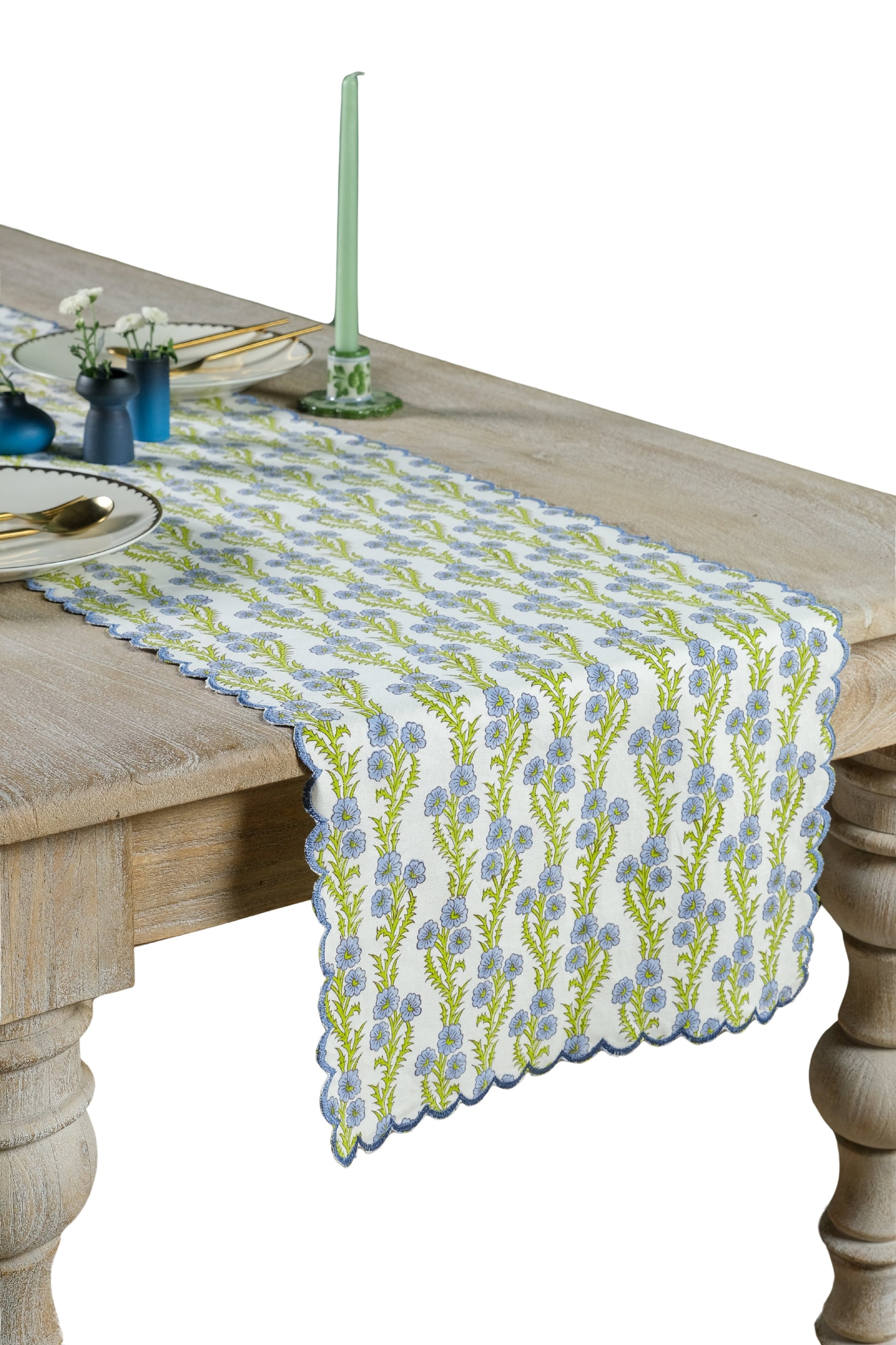 Inner Child blue forget-me-not scallop embroidered blockprint tablerunner on wooden table