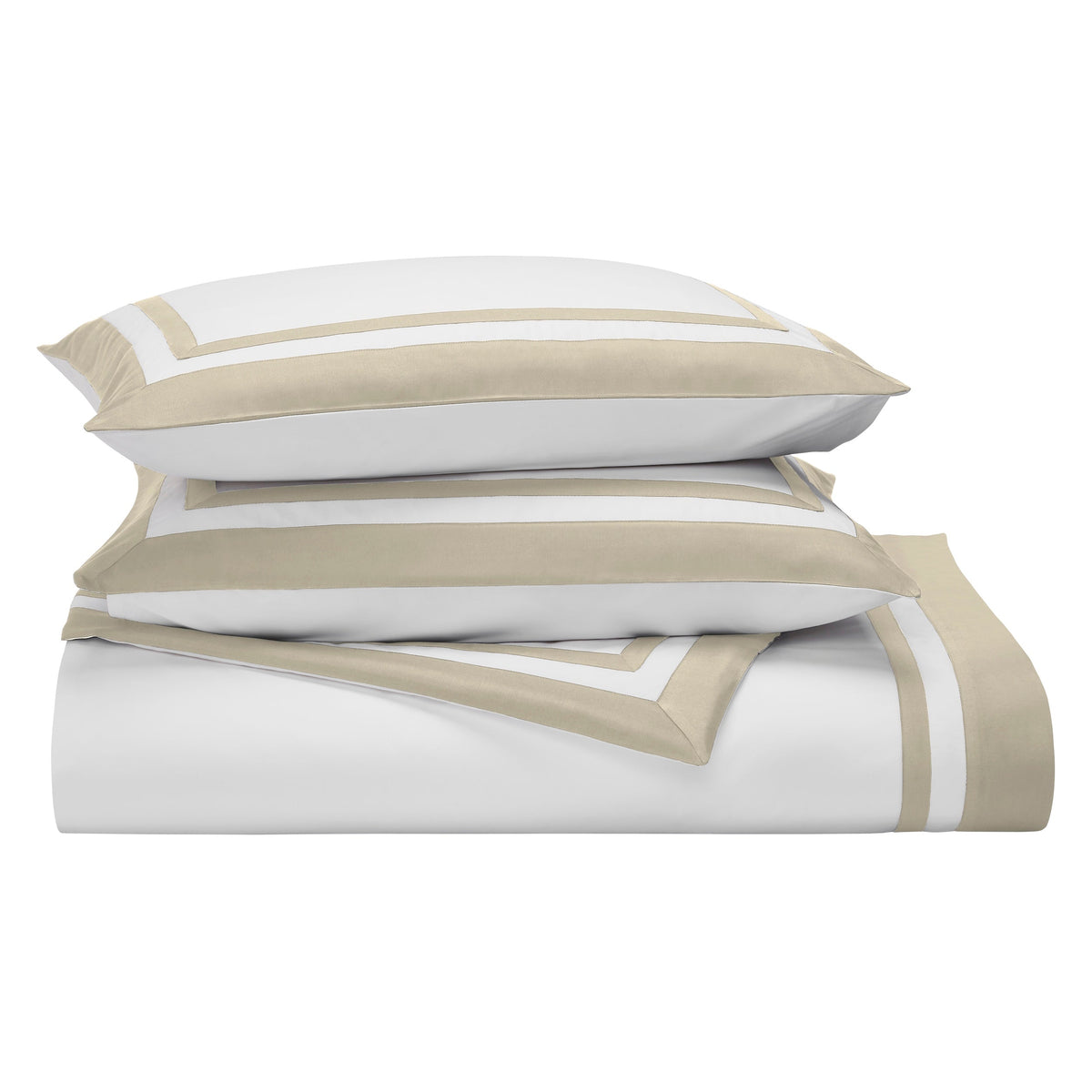 ES-066-2626_3|Elegant white sateen duvet cover, crisp tan border. Coordinates perfectly with matching pillows for a luxurious bedding set.