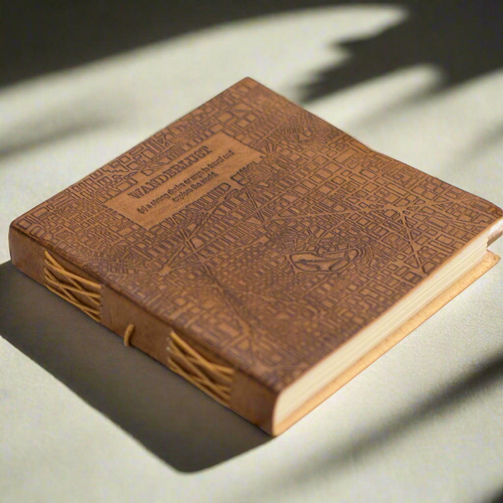 Leather journal with “Wanderlust” engraving – travel-inspired, handcrafted notebook for writing, sketching, and adventure journaling