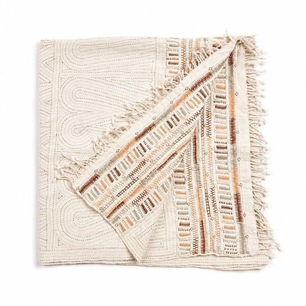 Unah Coral Fully Hand Embroidered Handwoven Organic Cotton Throw showcasing intricate handwork and colorful borders.