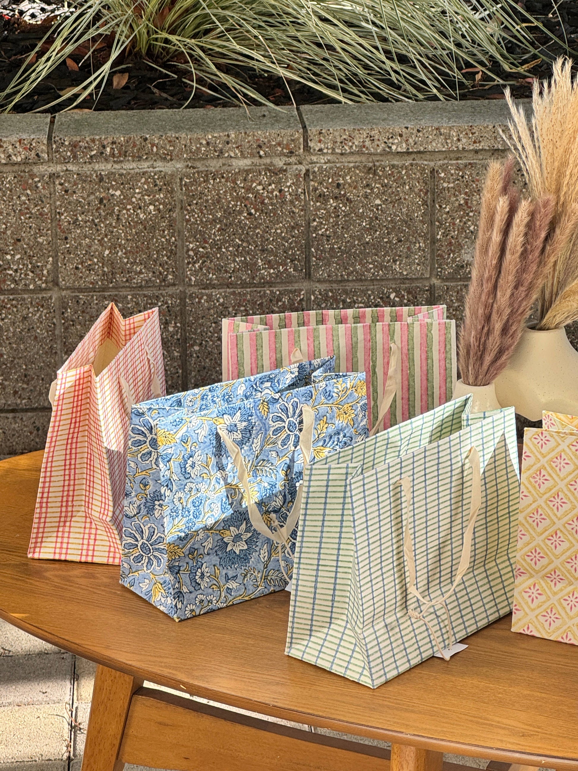 Medium (Set of 3) Hand Block Print Gift Bag- Heirloom Motifs