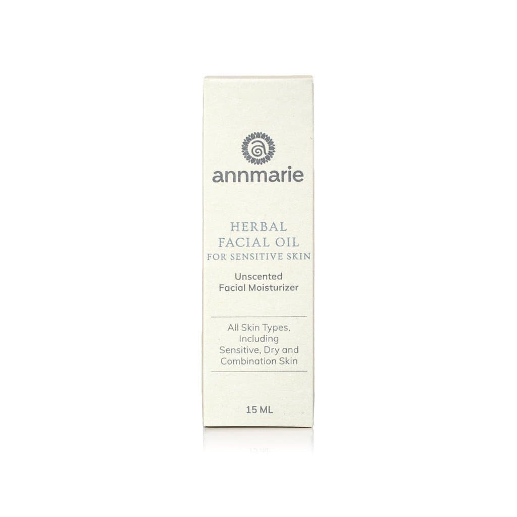 Herbal Facial Oil for Sensitive Skin unscented facial moisturizer product box for sensitive, dry, and combination skin.