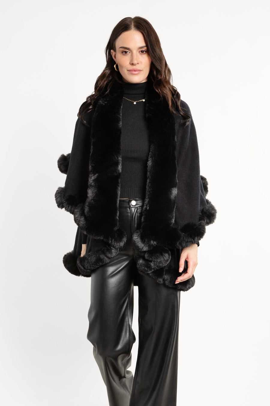 Layered Kimono Faux Fur Cape - Black