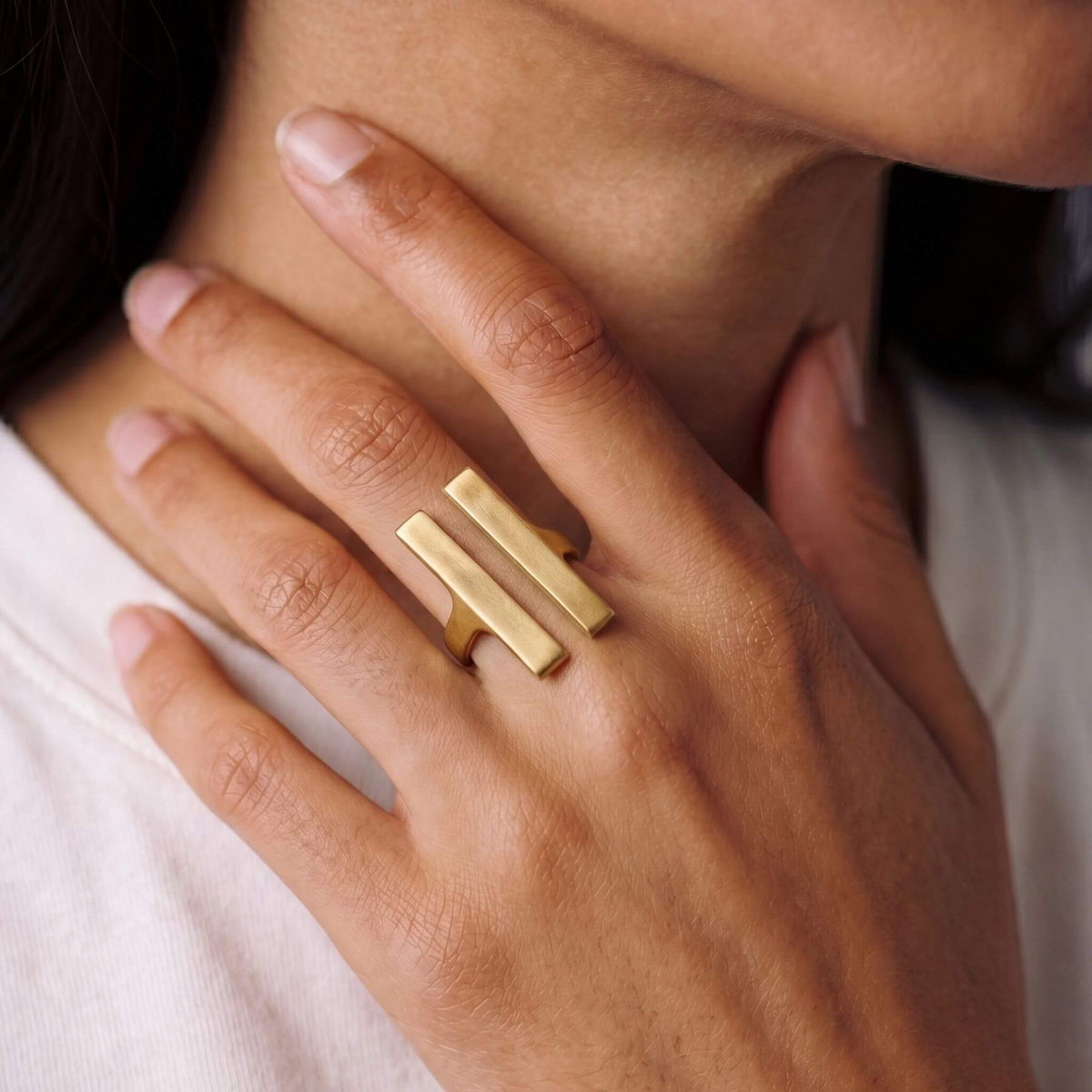 Simba parallel double band brass ring flat lay — Ecodunia