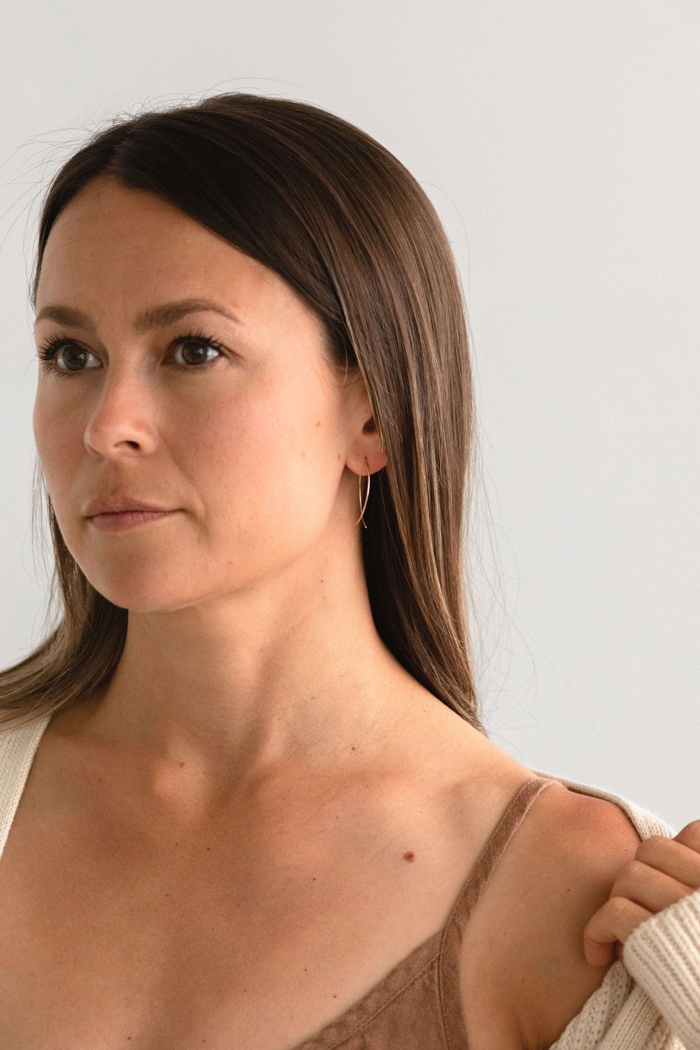 Arc open hoop threader earrings, long back open hoops, wishbone shaped hoop earrings, lightly hammered petal shaped hoops, lightweight hoops, Sheena Marshall Jewelry, Denver, Colorado