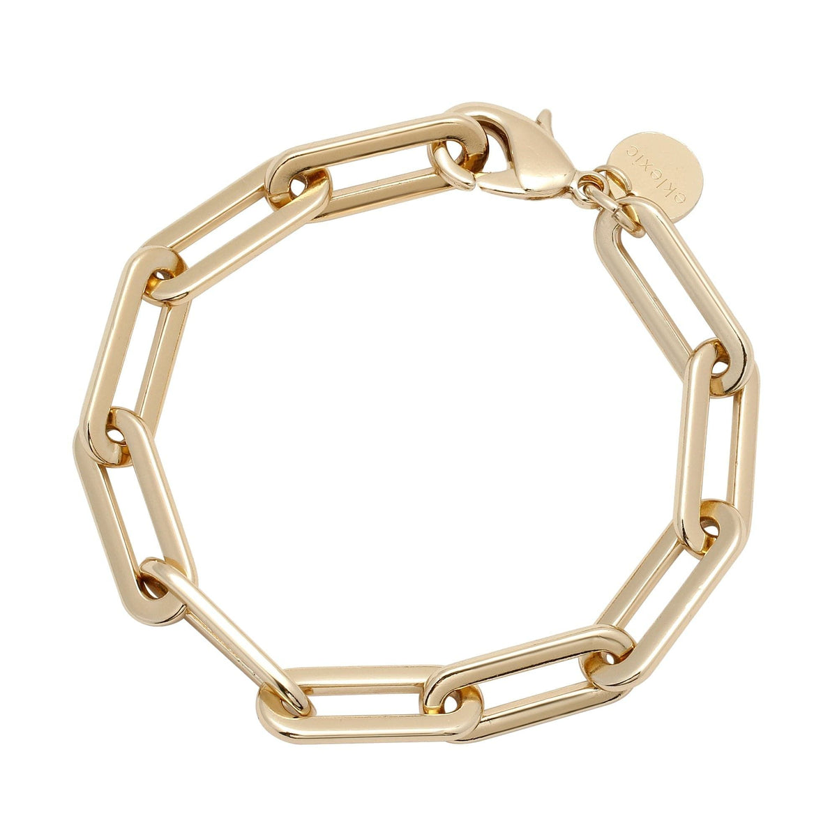 Gold-toned rectangular link bracelet on men’s large link chain bracelet product display