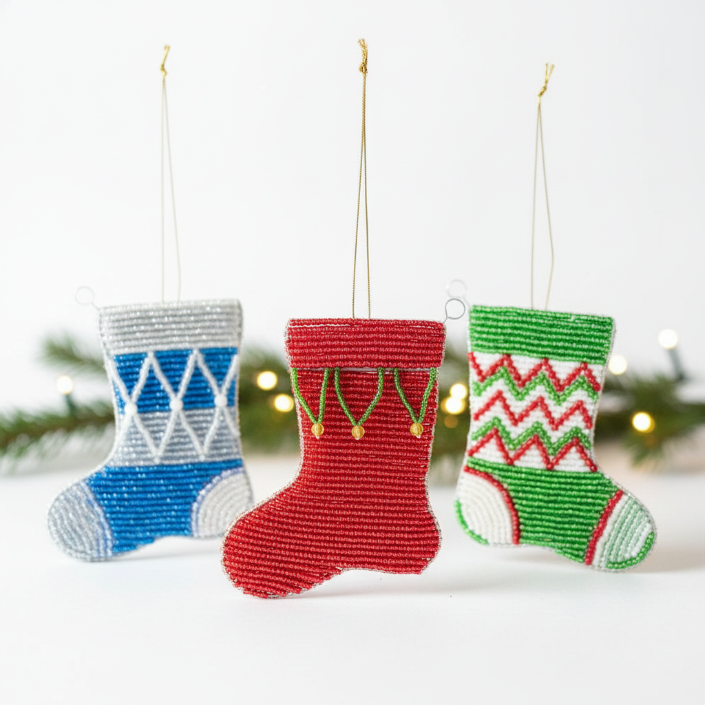 Handmade beaded Christmas stocking ornaments with holiday styling on white background