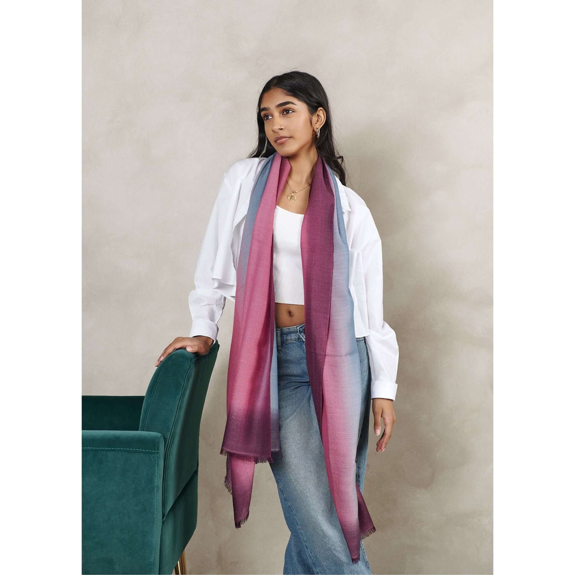 Iris Haze Blue Pink Cashmere Merino Handloom Scarf displayed by a model, showcasing its unique color blend and craftsmanship.