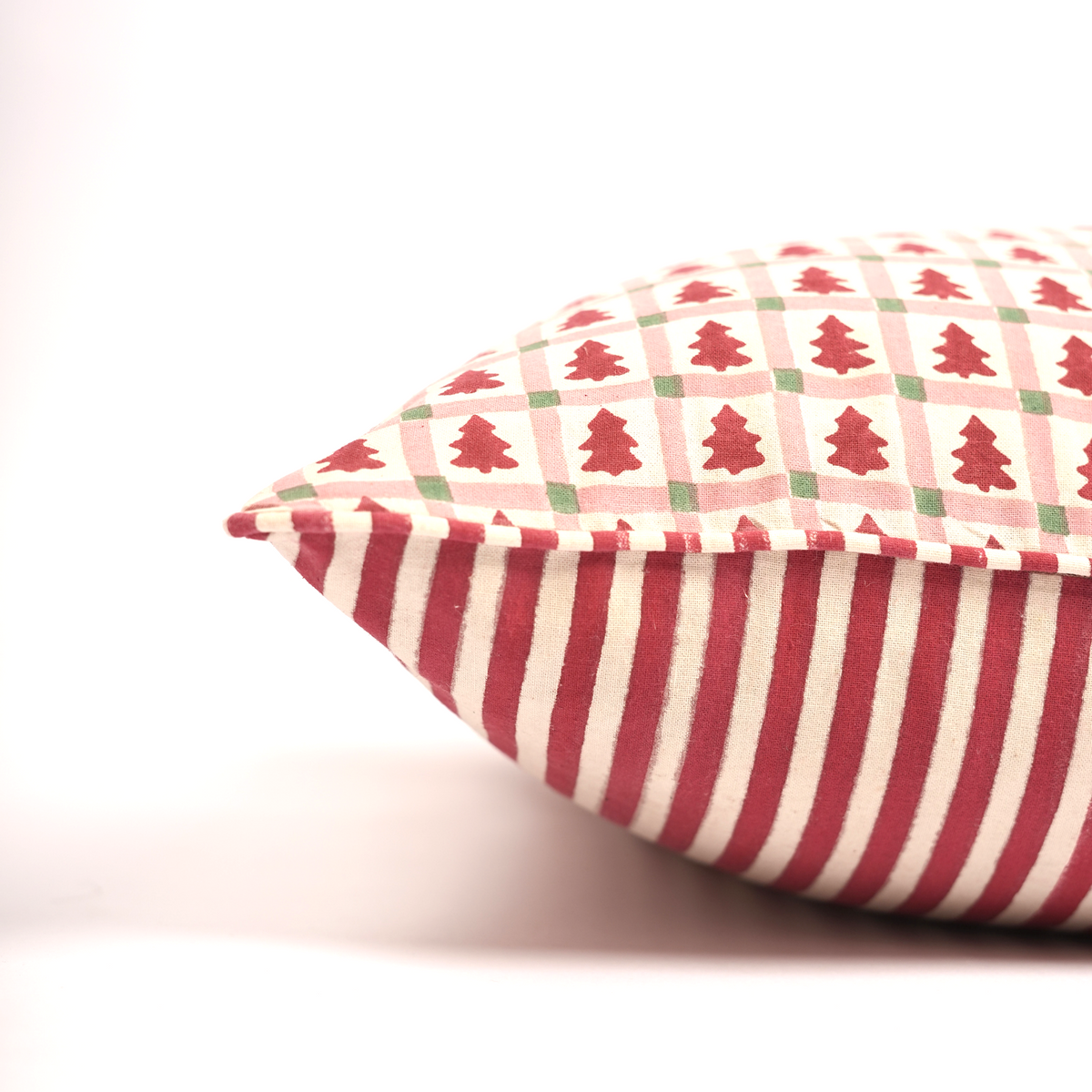 Merry Conifers -  Hand Block-Printed Cotton Pillowcase (Red)