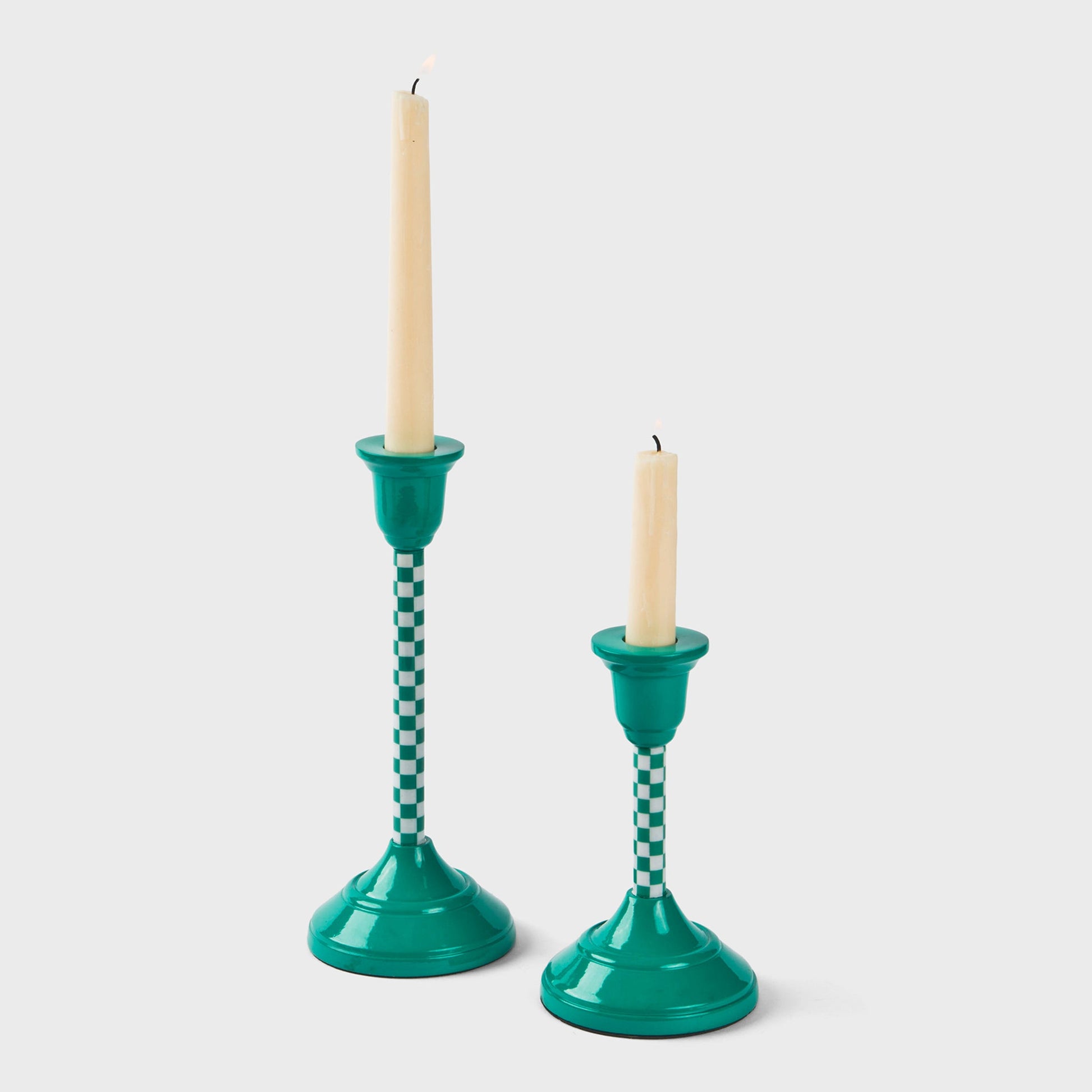 Artisanal aluminum taper holder in a trendy mint green checkered pattern for a layered, eclectic look.