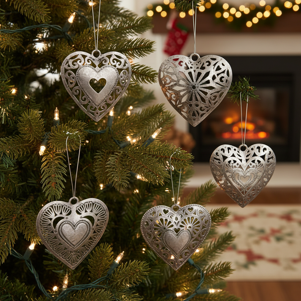 Assorted Small Hearts Set of 4 - Haitian metal art heart ornaments on Christmas tree holiday decor