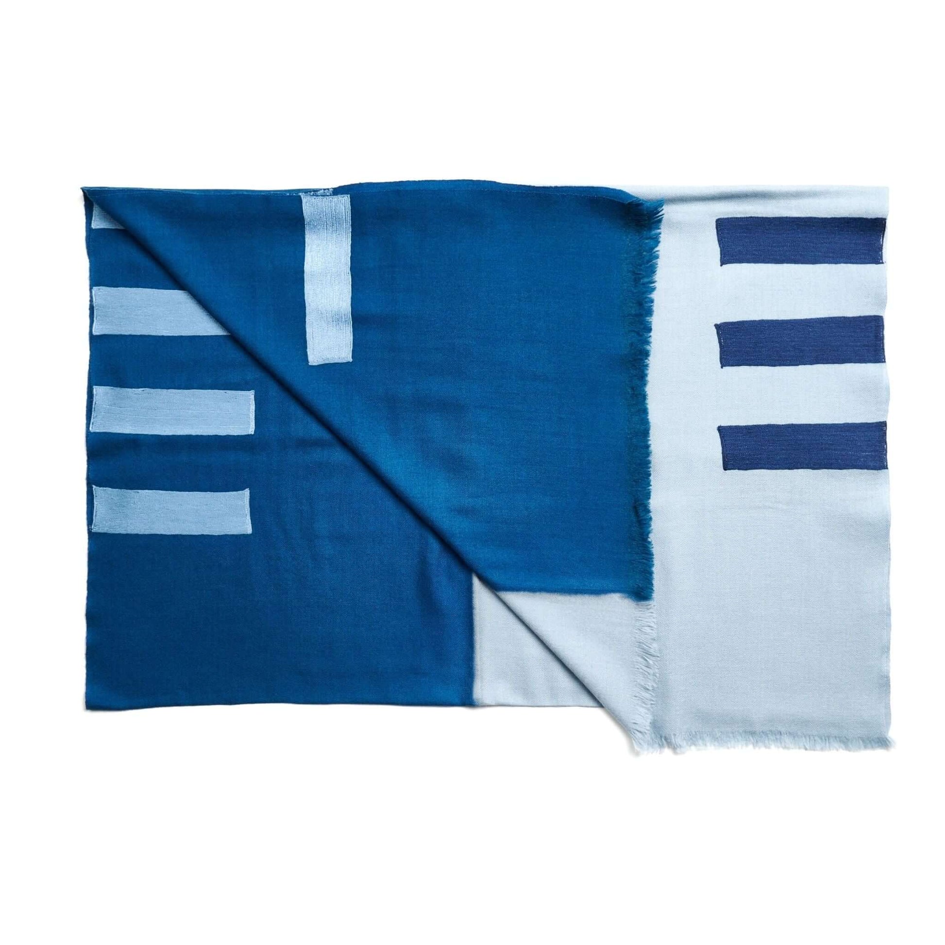 Canyon Hand Embroidered Hand Woven Merino Silk Soft Scarf featuring blue and white geometric patterns.
