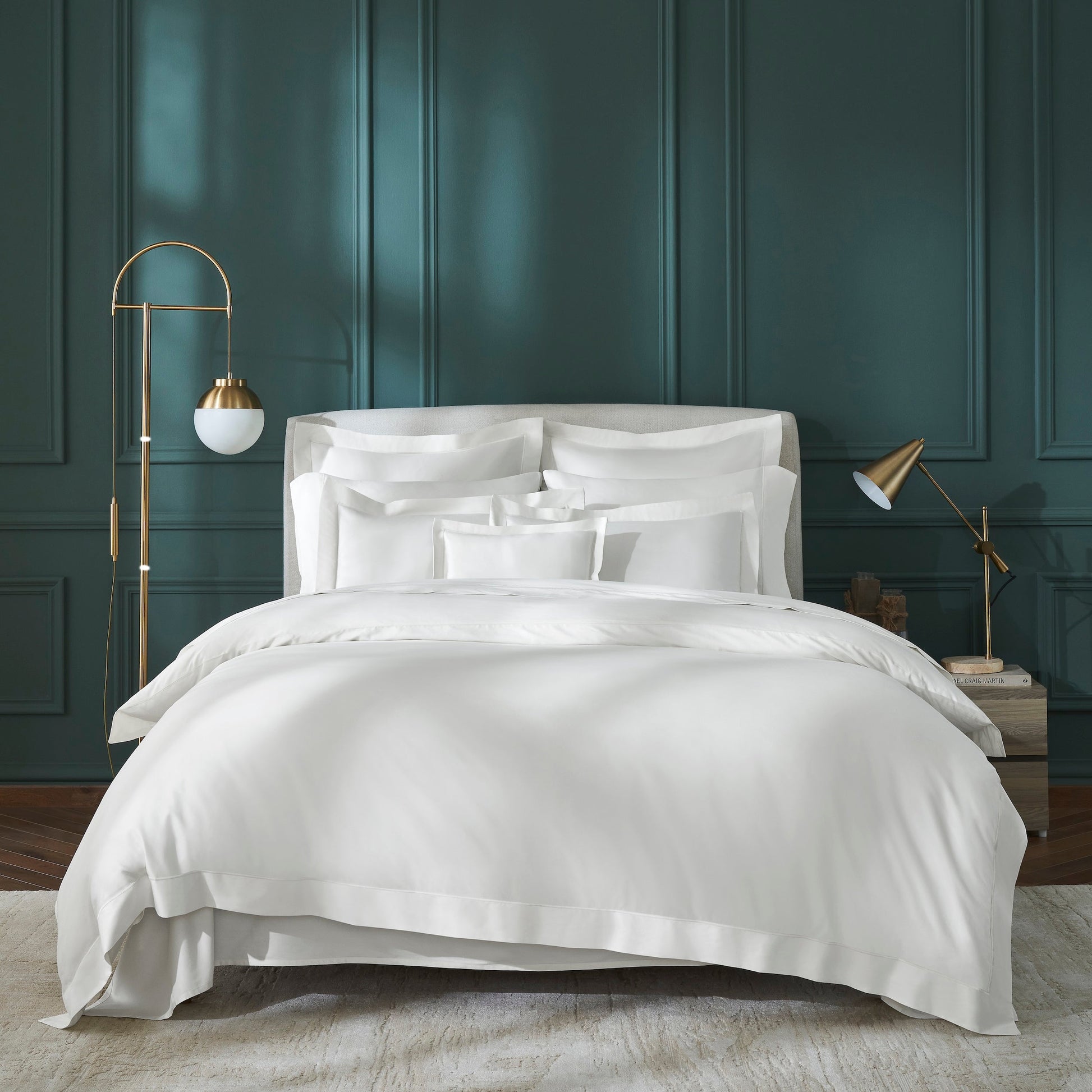 DT-065-9092_1|Elegant white duvet cover gracing a sophisticated bedroom, offering luxurious crisp cotton comfort for serene nights.