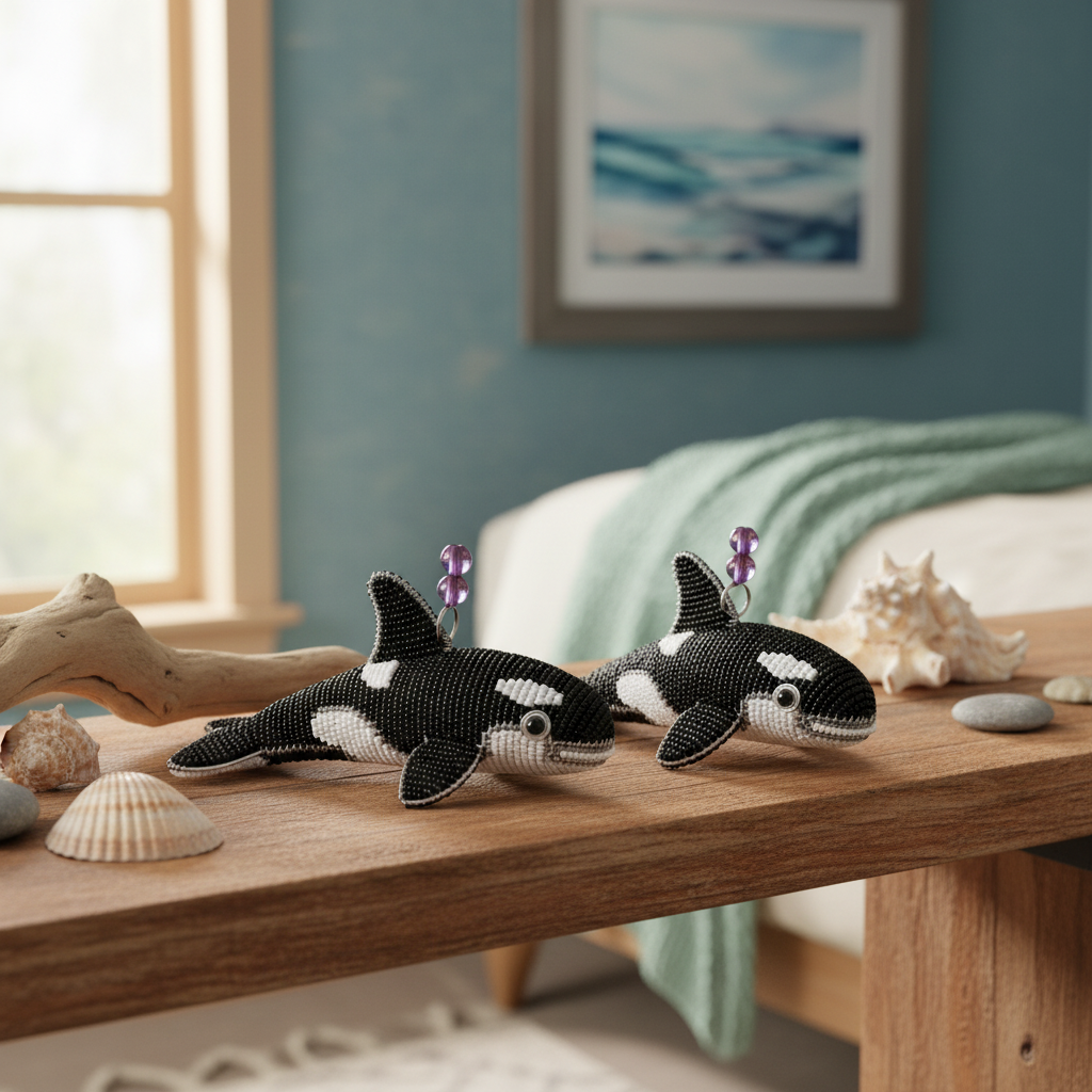 25ORCSS1-lifestyle-1 – Orca Baby beaded figurines on ocean-themed bedroom shelf with driftwood and seashells