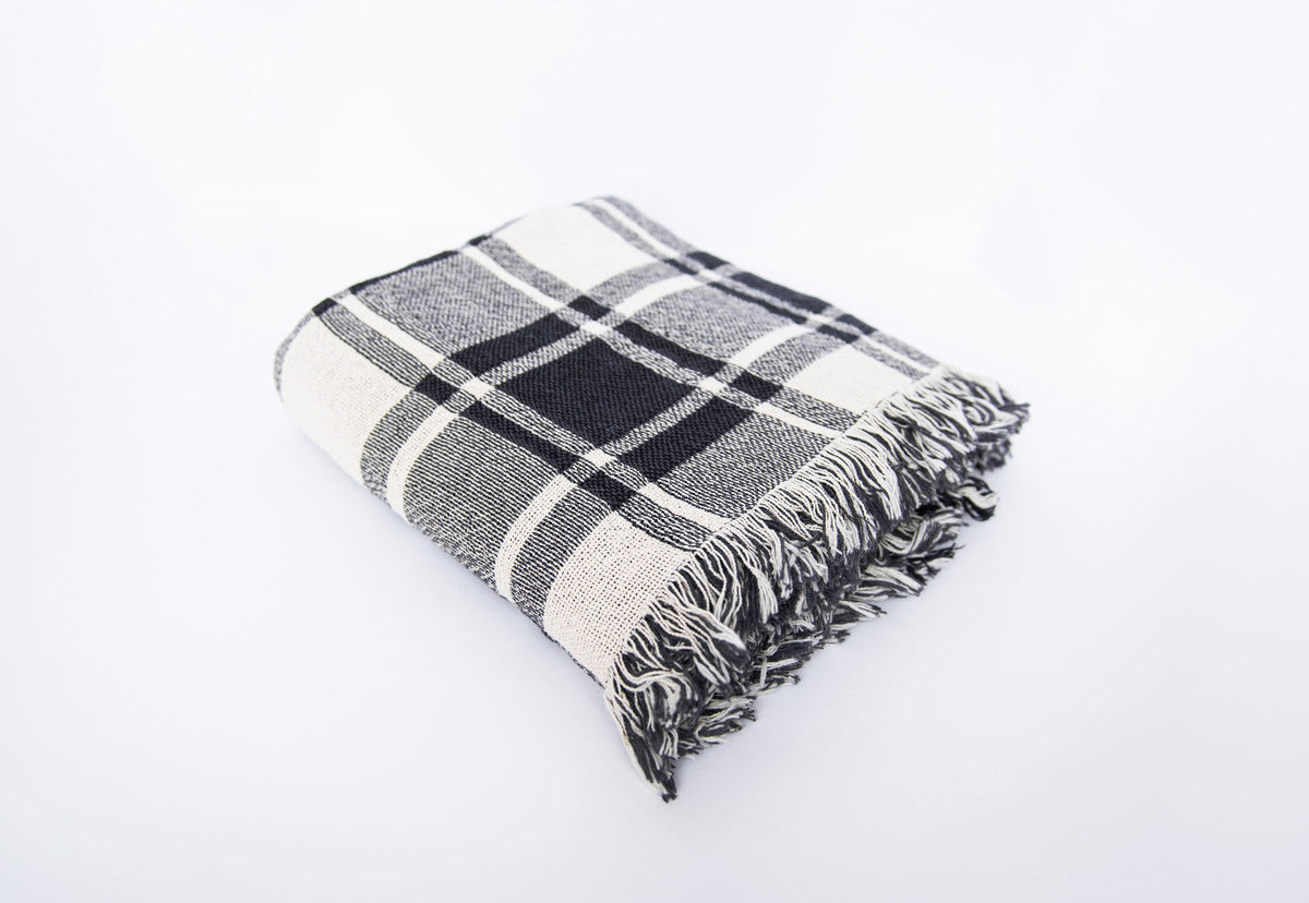 Folded Ellis black-and-white plaid reversible jacquard woven throw blanket