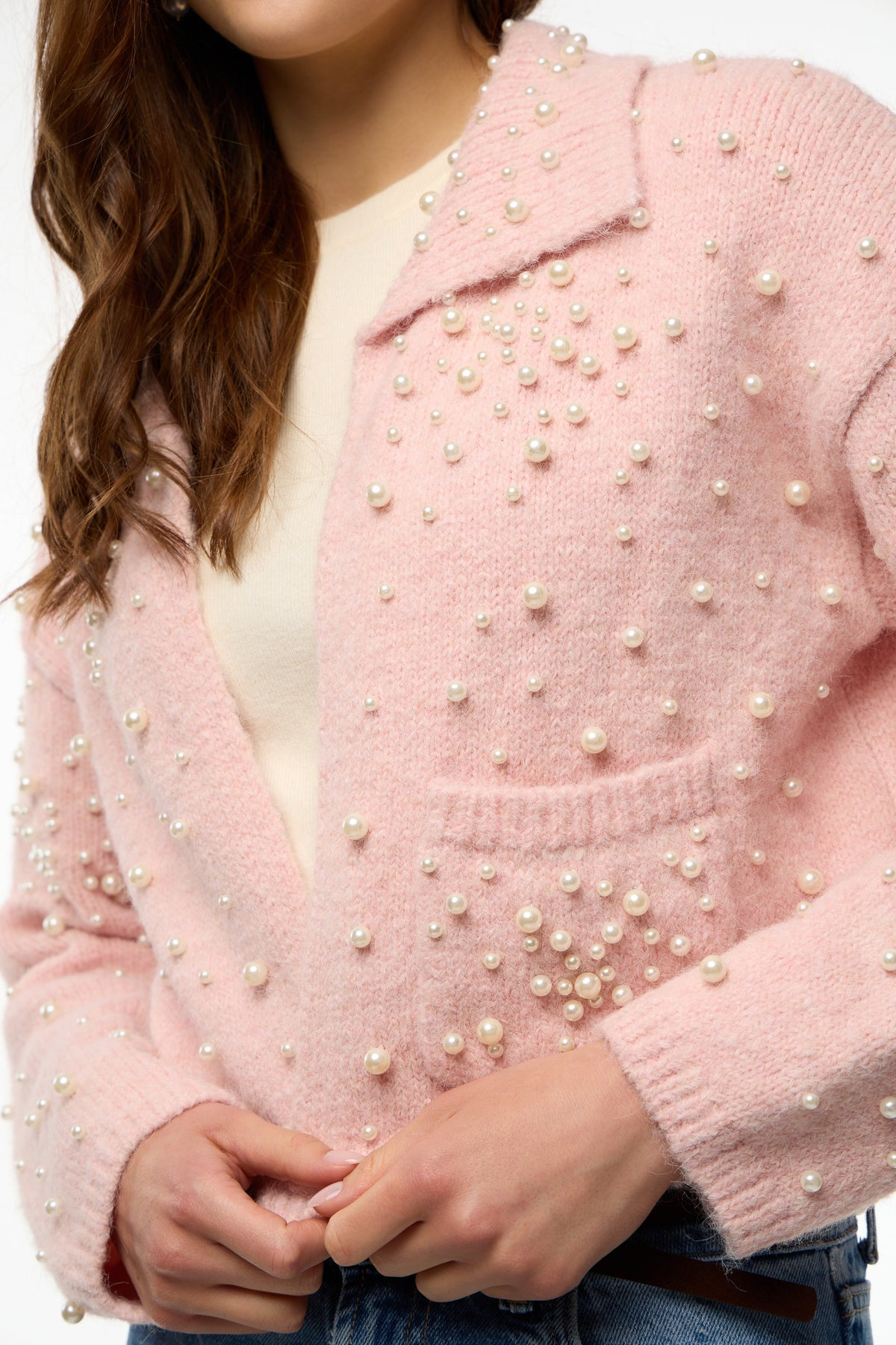 Pearl Collared Open Cardigan - Light Pink