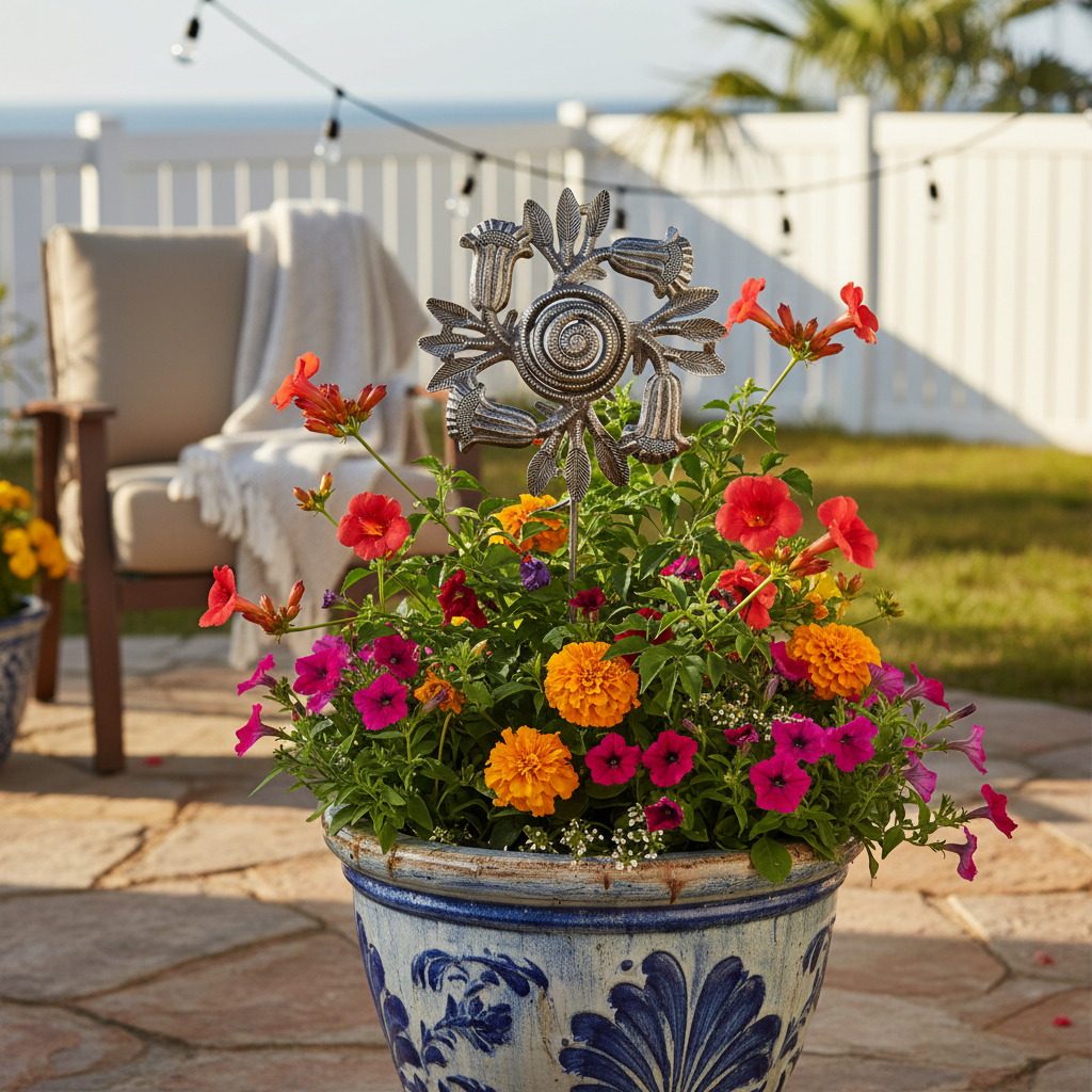 SM729 Metal Trumpet Flower Twirl Garden Stake in a decorative patio container