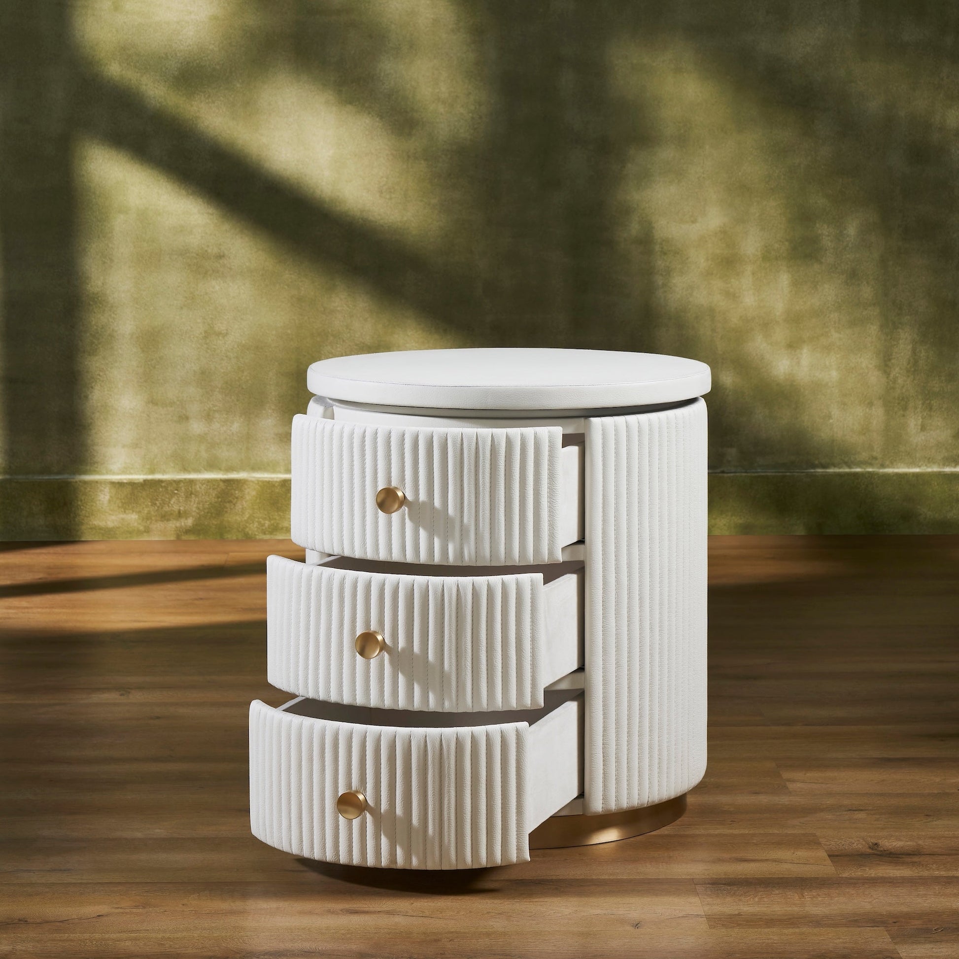 FN-5212-202022_3|White fluted leather round nightstand with open drawers, revealing ample storage for luxury leather bedroom furniture.