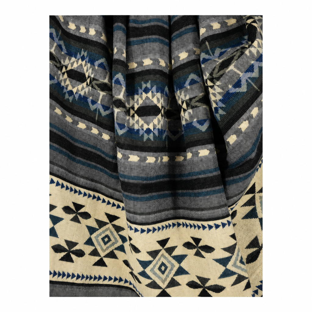 Geometric Blue, Gray & Cream reversible handwoven alpaca throw blanket, Yachana Collection, made in Ecuador