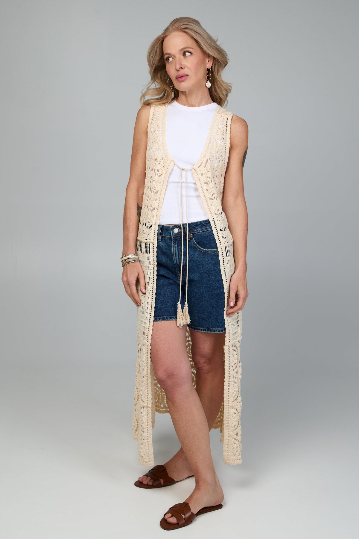 Crochet Tie Front Long Kimono - Ivory