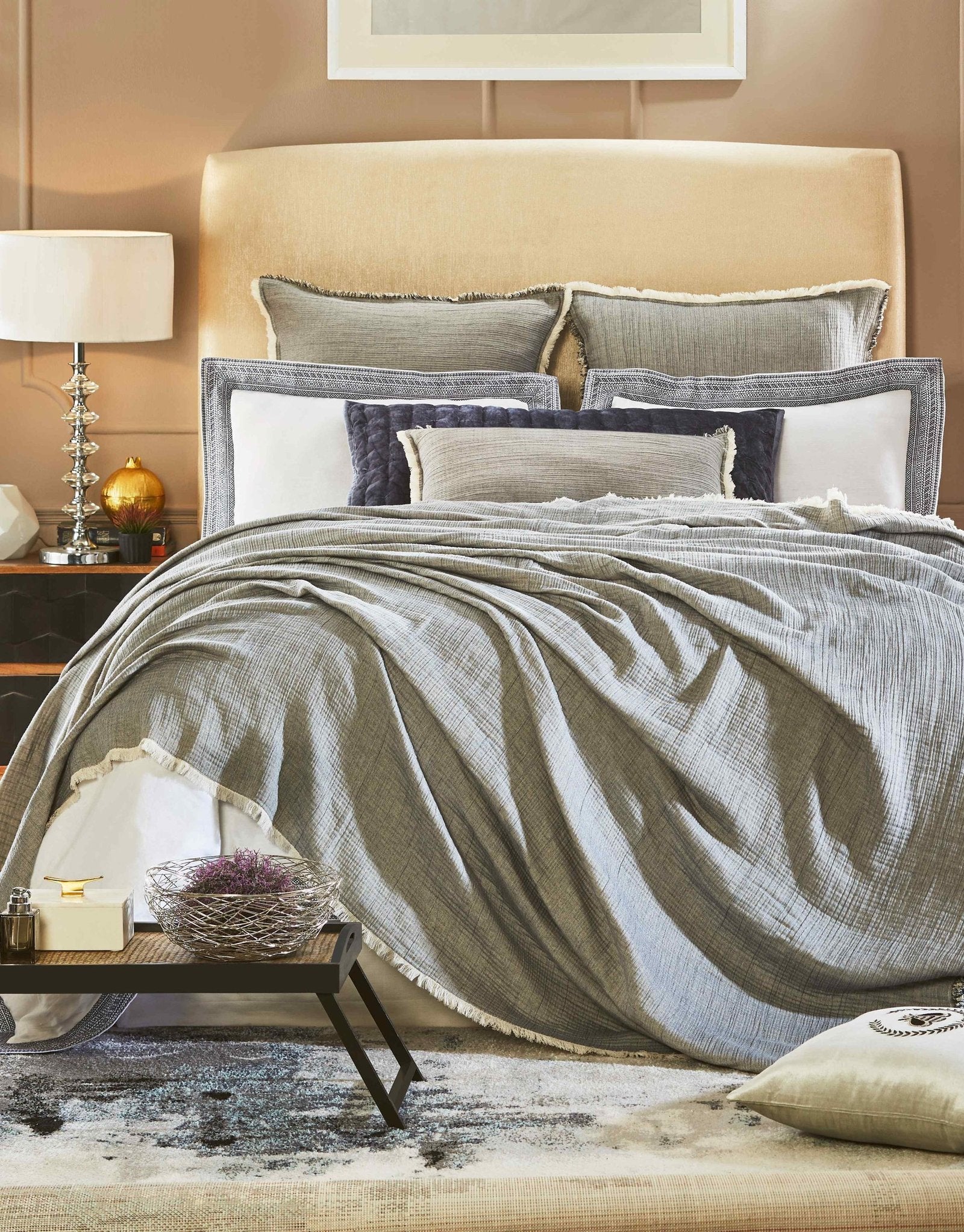 BT-104-11096_4|Stylish gray textured blanket and pillows adorning a bed, providing comfort and a modern touch to the bedroom decor.