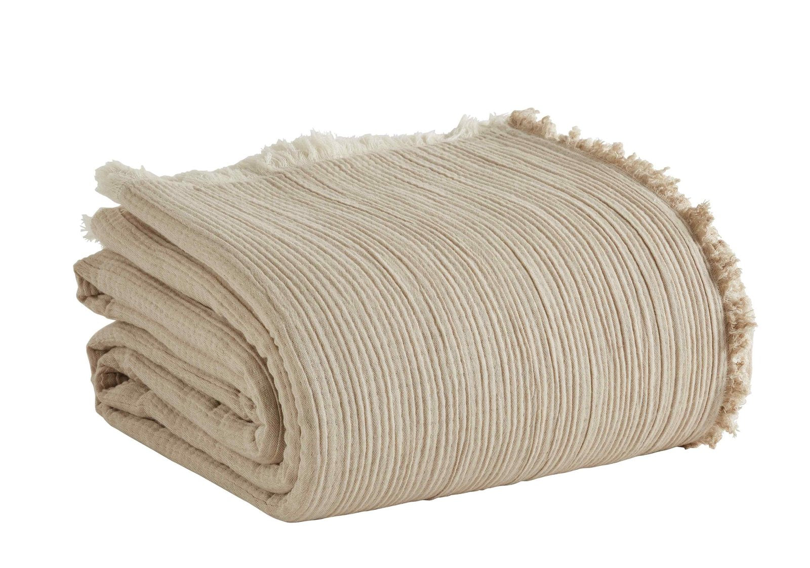 BT-101-9496_4|Folded beige textured blanket with a stylish fringe edge, perfect for cozying up. Soft, natural tone throw for elegant home decor.