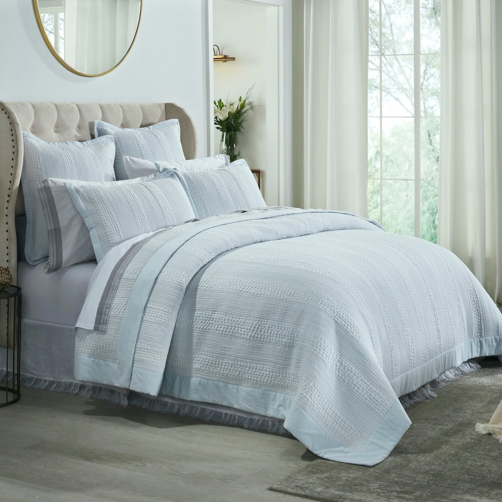 CL-257-11096_1|Serene light blue textured coverlet with intricate stripe patterns, adding a calming and stylish touch to any bedroom.