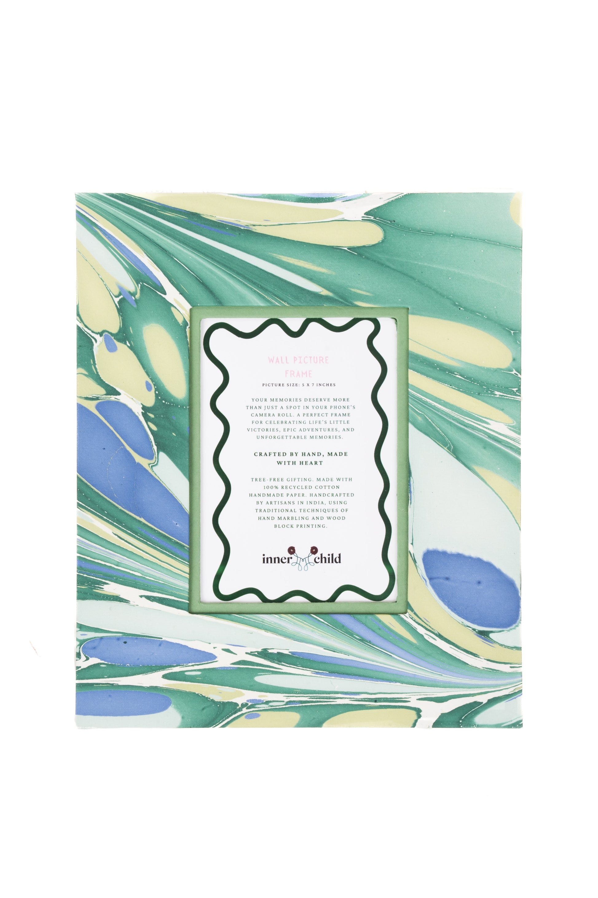Hand-marbled large wall picture frame in green & blue 5x7 inches with centered insert card
