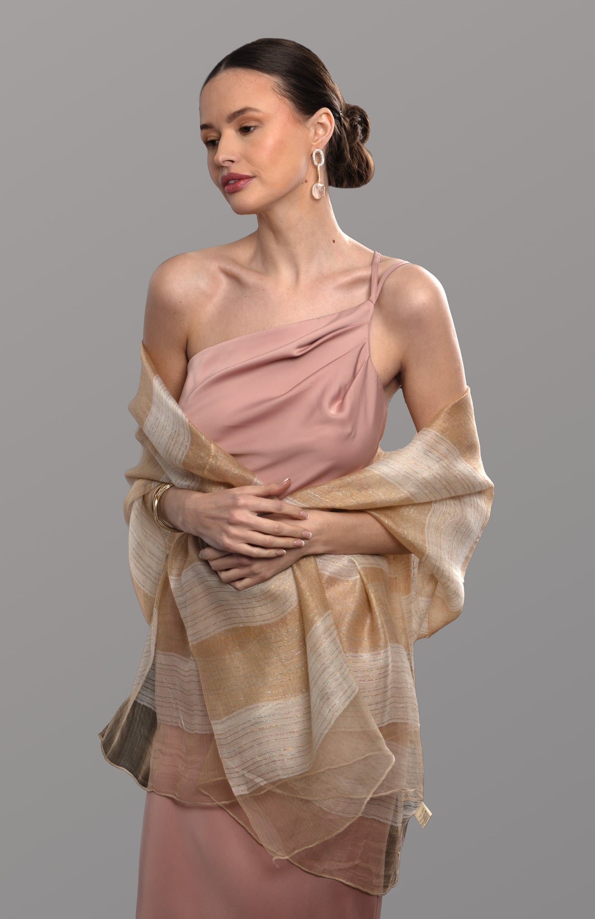 Silk Wool Shimmering Striped Scarf - Moccasin