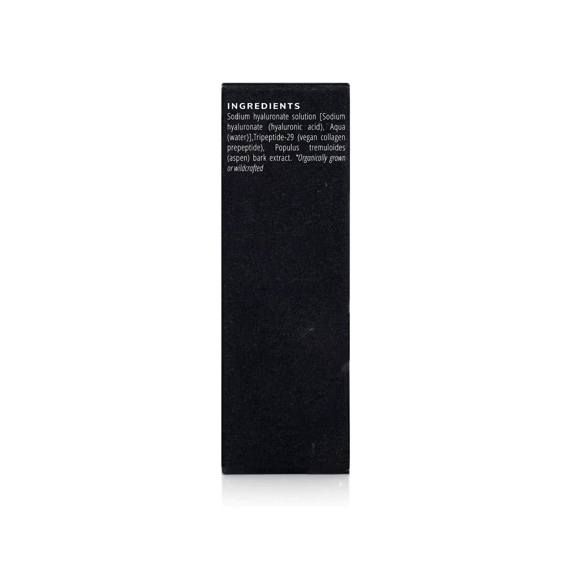 Back of Hydrate Hyaluronic Acid with Peptides box showing ingredient list on dark packaging.
