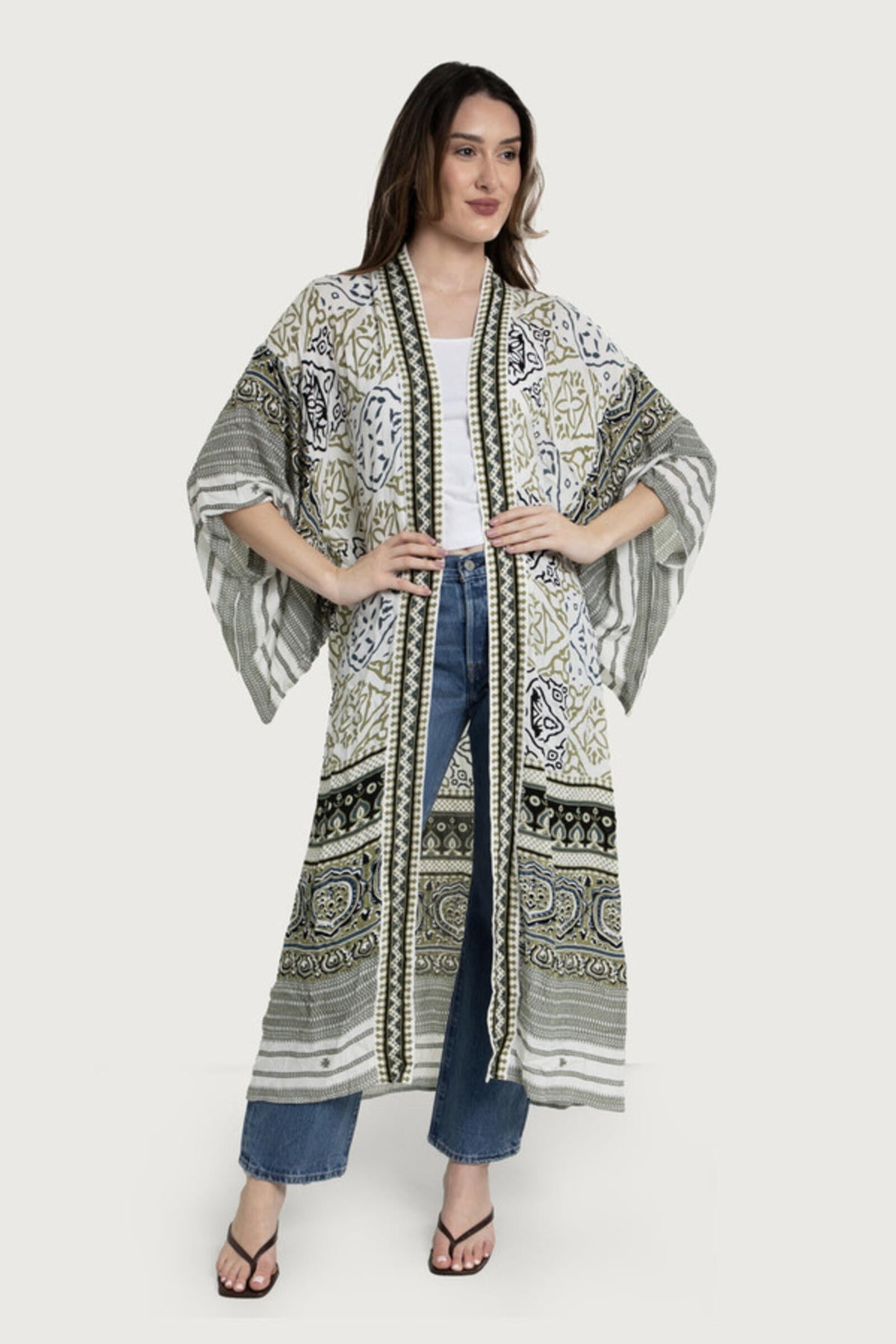 Mosaic Tile Pattern Kimono - White Combo