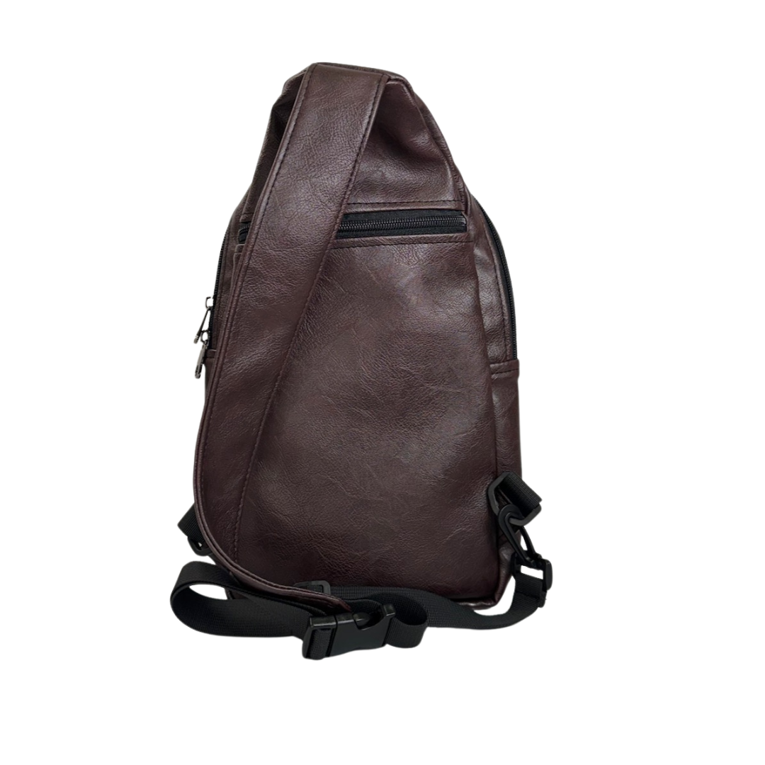 Umoja plum vegan leather compact sling bag worn #color_plum