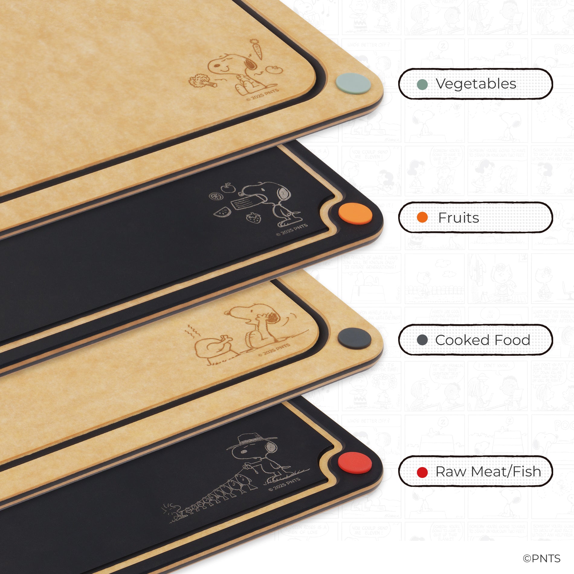 Two cutting boards, one beige and one black, with a brand logo on a light gray background.