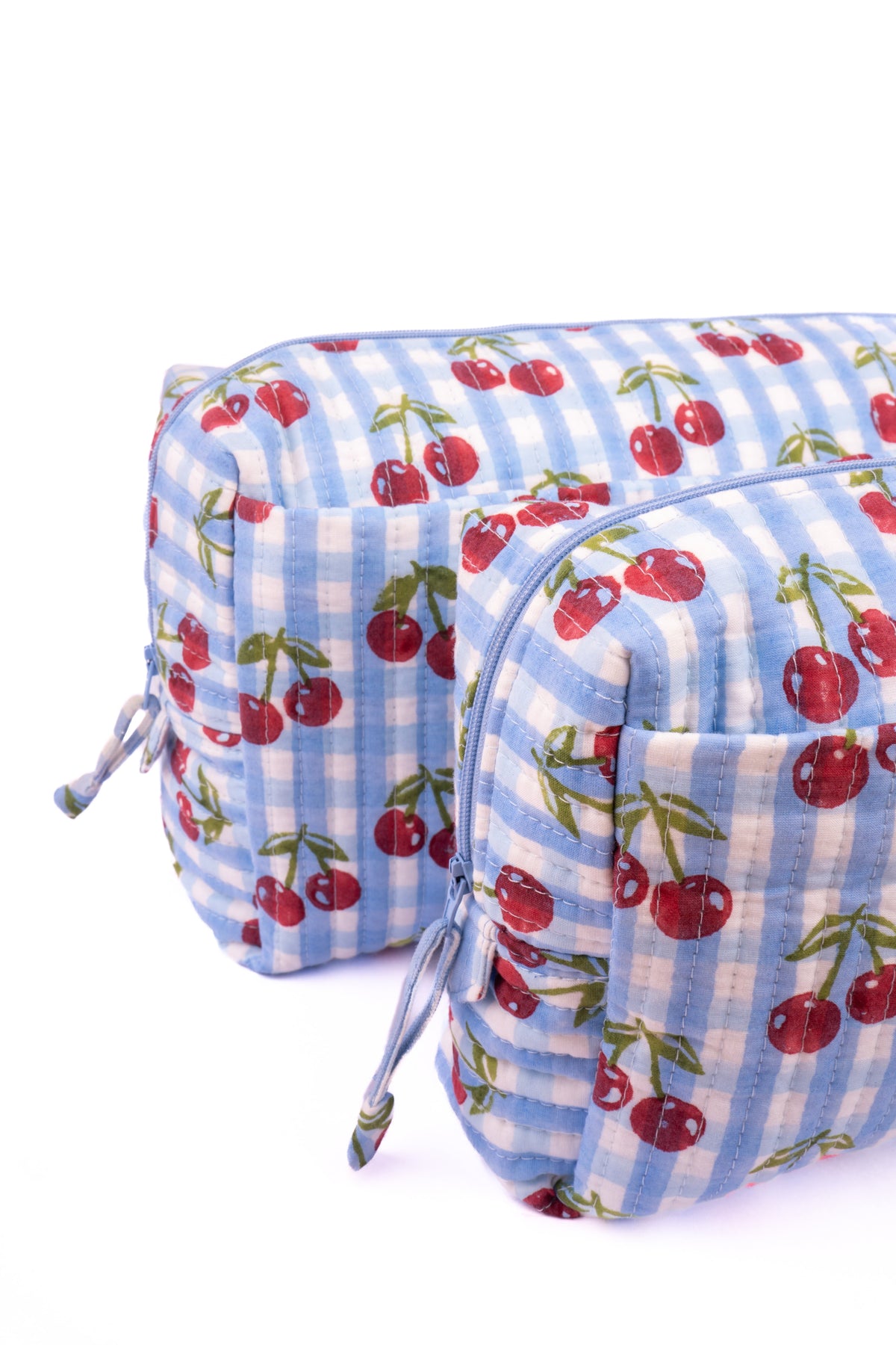 Blue gingham cherry blockprint quilted makeup bag