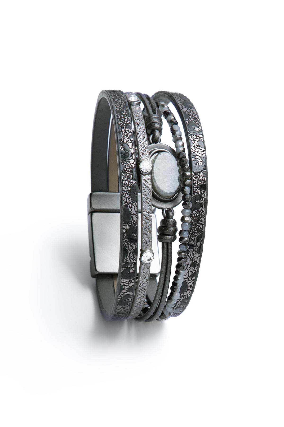 Natural Stone Beaded Leather Bracelet - Gray