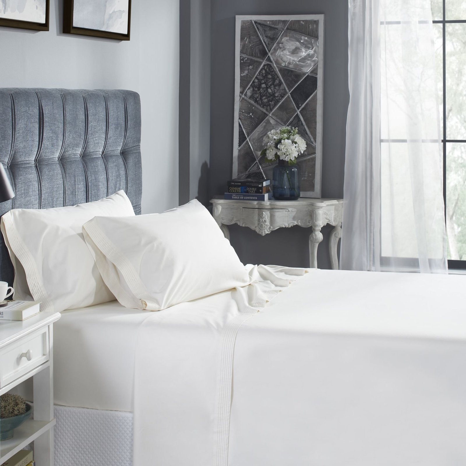 KSS-522-7880_1|Creamy white 100% cotton sheet set with subtle pleated hem, creating a clean and inviting modern bed.