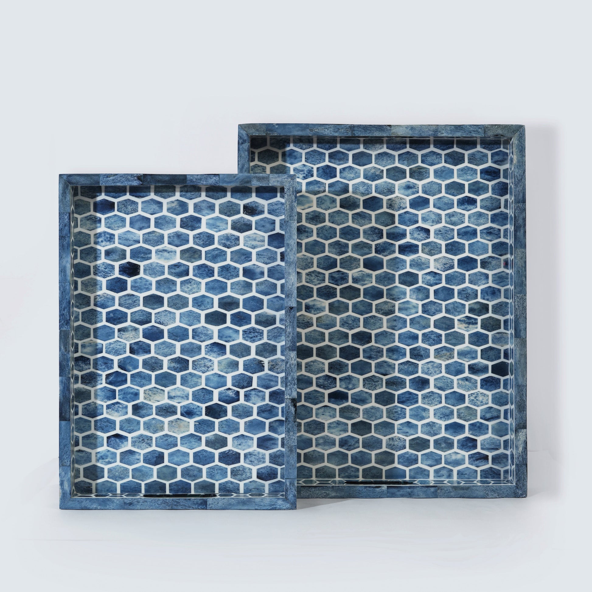 Artisanal Gramercy tray featuring deep blue resin and intricate geometric bone inlay detailing