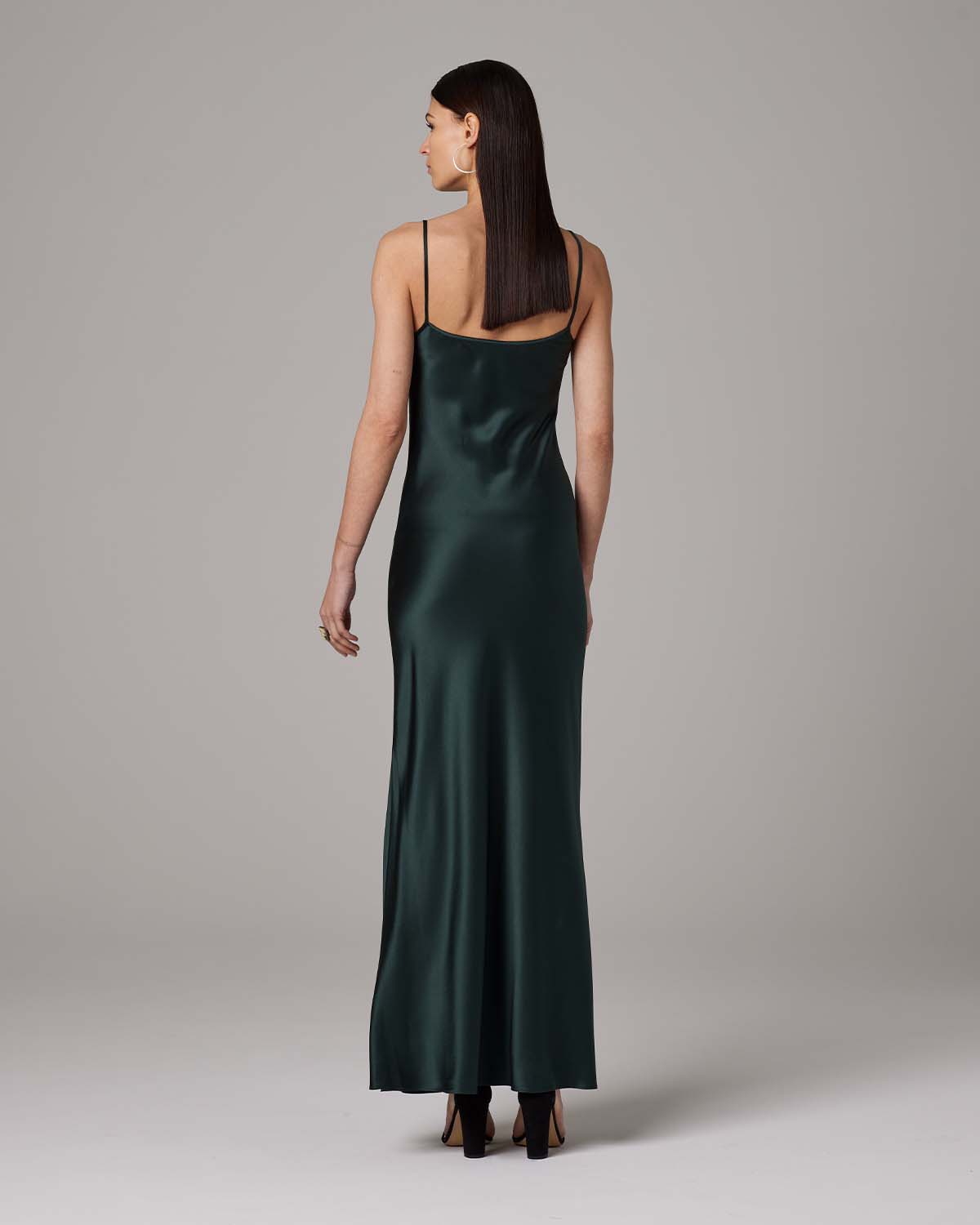 Back view of a green Liquid Silk Slipdress