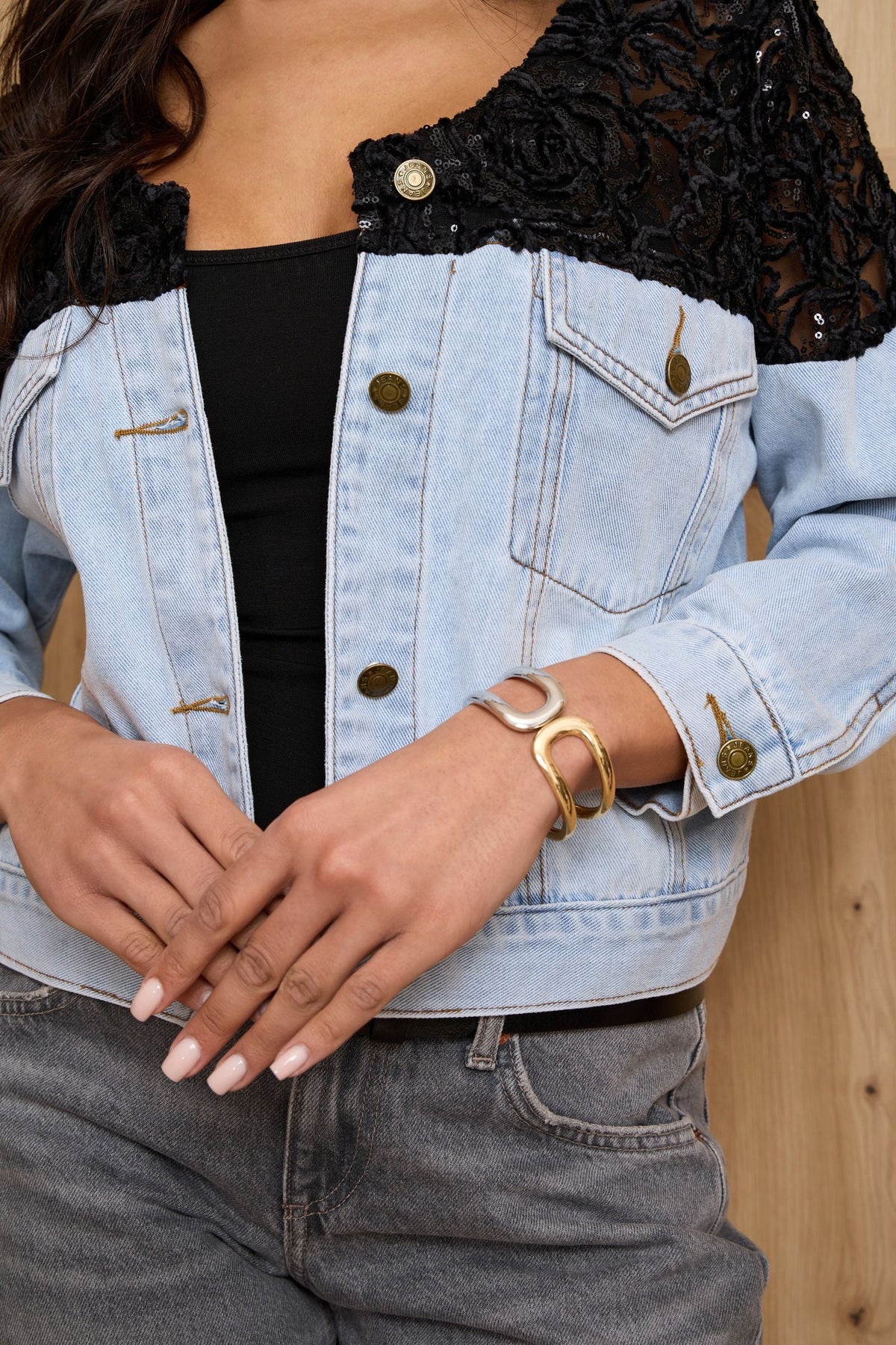 Floral Mesh Denim Jacket - Denim