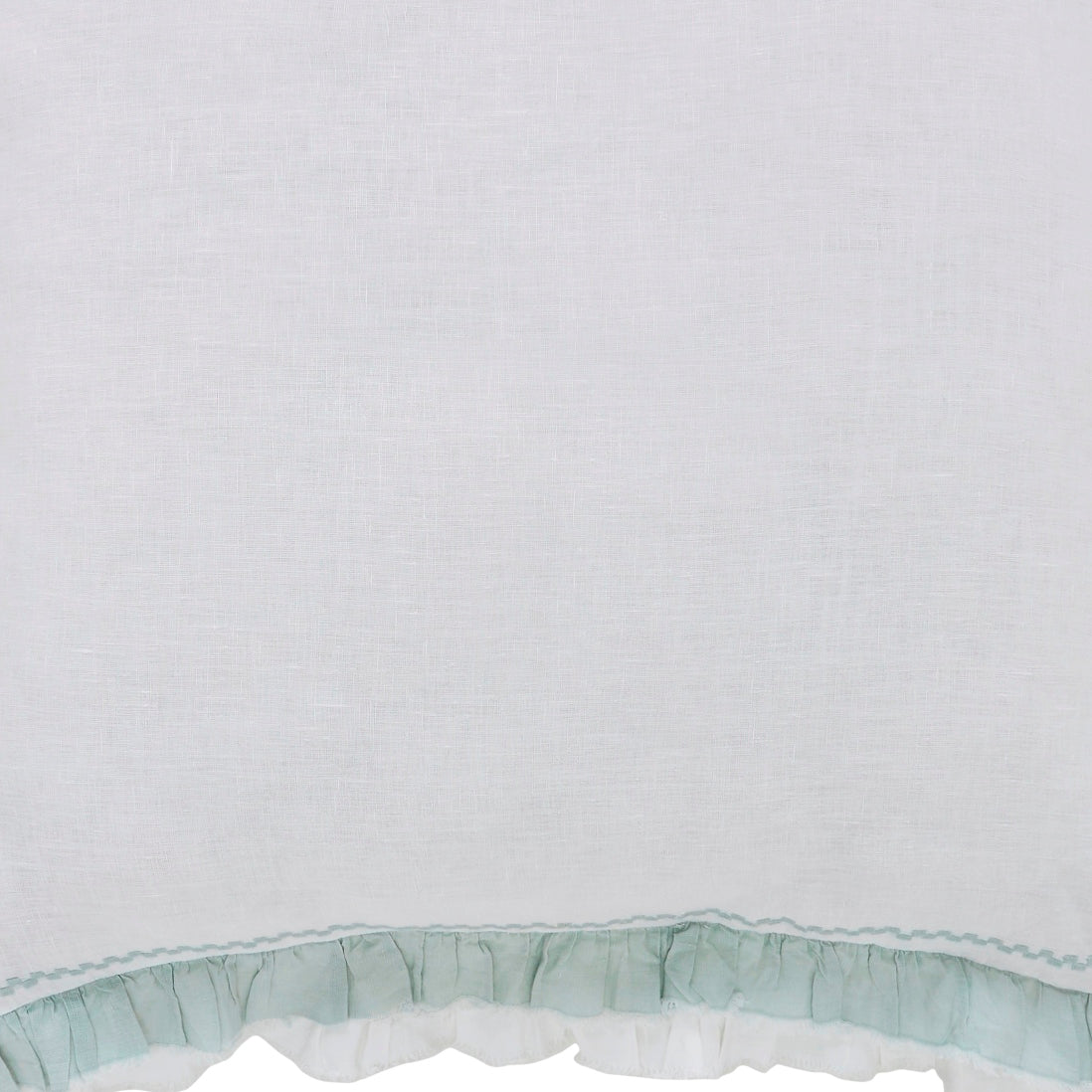DT-029-9092_2|Close-up of fresh white duvet cover fabric with a charming mint green ruffled edge, ideal for tranquil bedroom decor.