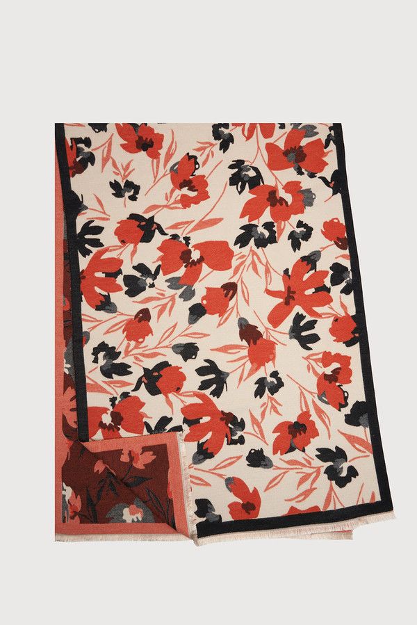Floral Reversible Fringed Trim Scarf For Fall - Orange