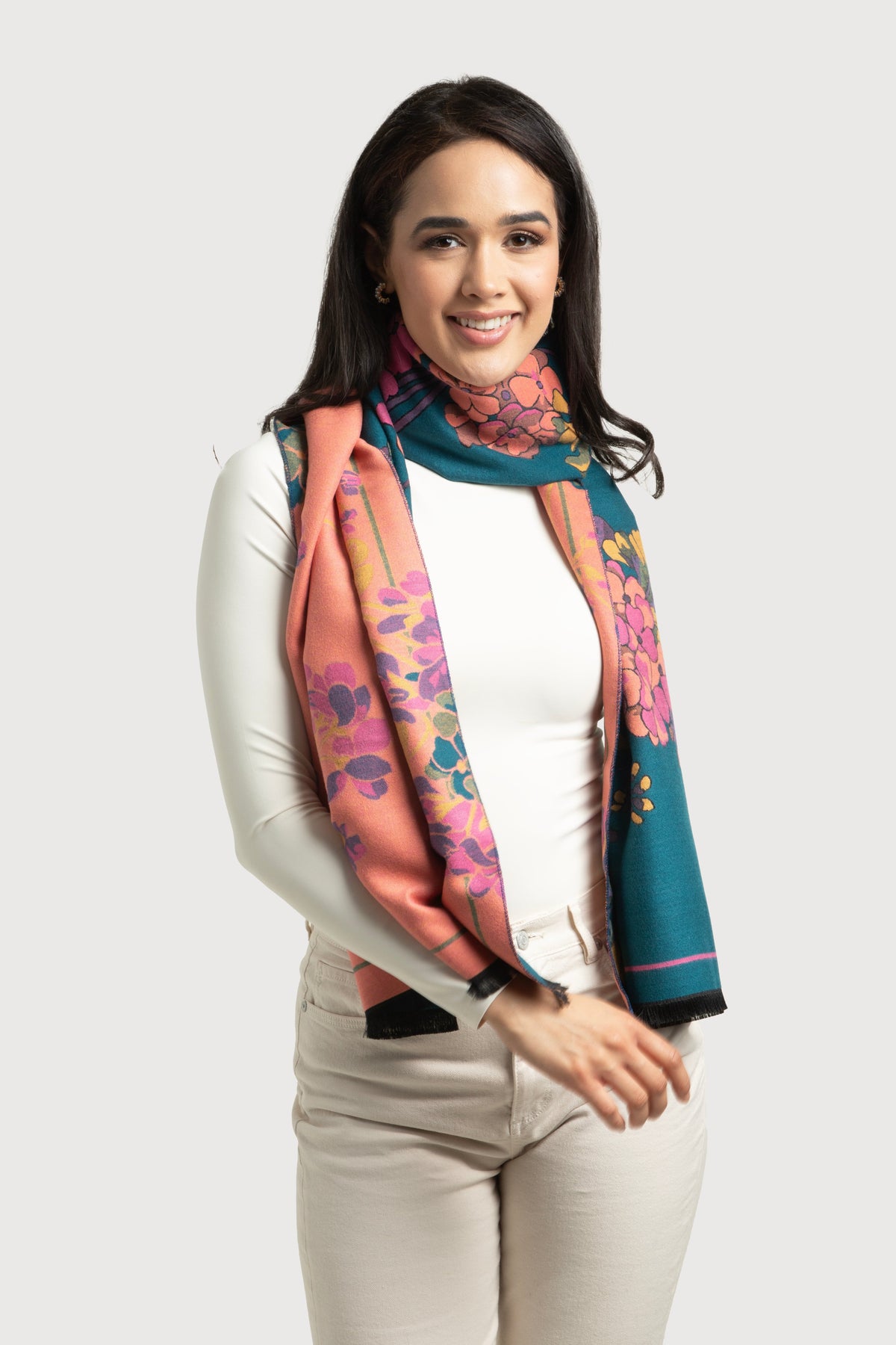 Two Tone Floral Reversible Scarf - Teal