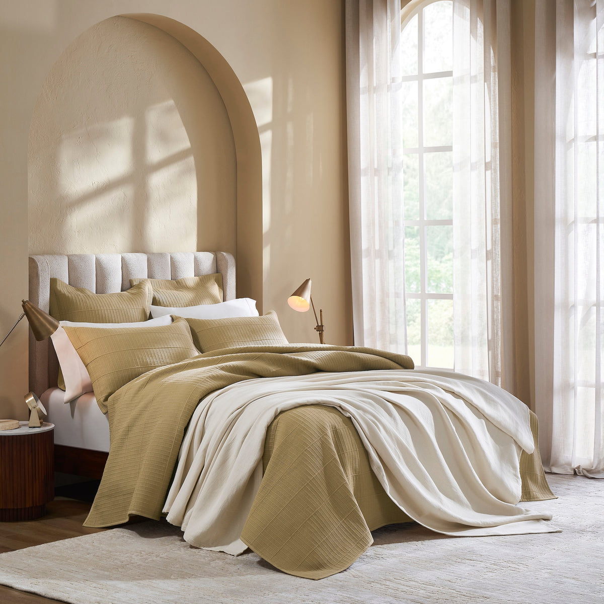 CL-269-11096_5|Luxurious beige quilted coverlet adding texture and warmth to a modern bedroom setting with neutral tones and natural light.